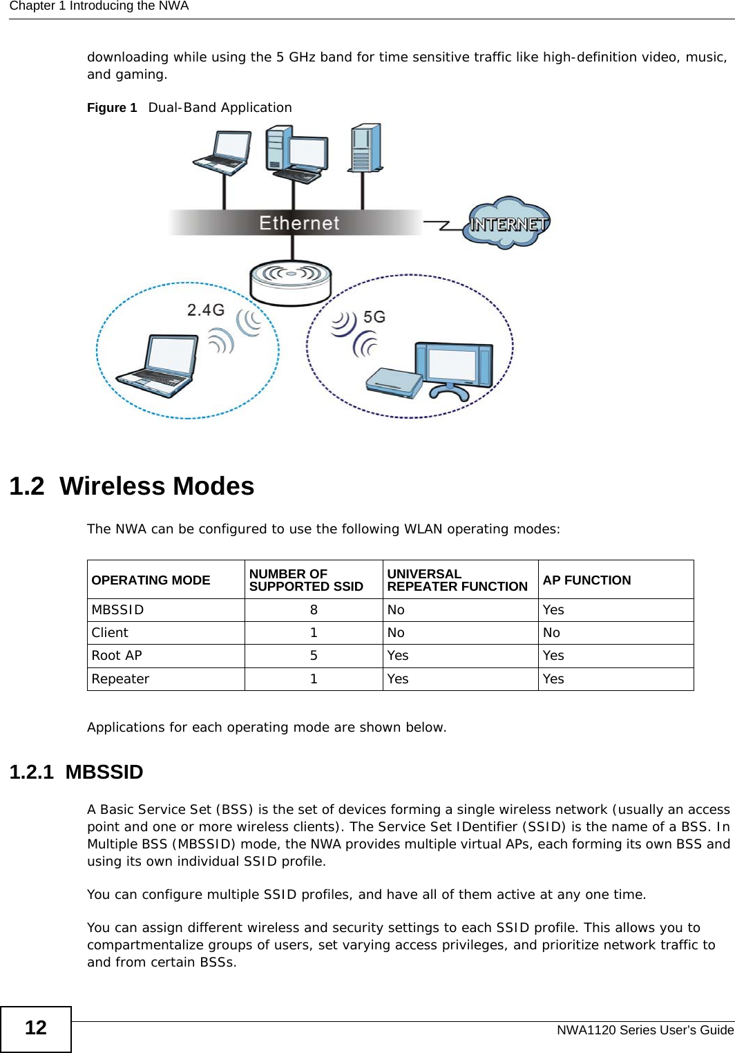 Chapter 1 Introducing the NWANWA1120 Series User’s Guide12downloading while using the 5 GHz band for time sensitive traffic like high-definition video, music, and gaming. Figure 1   Dual-Band Application 1.2  Wireless ModesThe NWA can be configured to use the following WLAN operating modes:Applications for each operating mode are shown below.1.2.1  MBSSIDA Basic Service Set (BSS) is the set of devices forming a single wireless network (usually an access point and one or more wireless clients). The Service Set IDentifier (SSID) is the name of a BSS. In Multiple BSS (MBSSID) mode, the NWA provides multiple virtual APs, each forming its own BSS and using its own individual SSID profile.You can configure multiple SSID profiles, and have all of them active at any one time.You can assign different wireless and security settings to each SSID profile. This allows you to compartmentalize groups of users, set varying access privileges, and prioritize network traffic to and from certain BSSs.OPERATING MODE NUMBER OF SUPPORTED SSID UNIVERSAL REPEATER FUNCTION AP FUNCTIONMBSSID 8 No YesClient 1 No NoRoot AP 5 Yes YesRepeater 1 Yes Yes