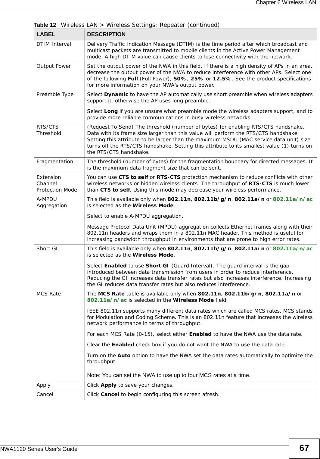 Chapter 6 Wireless LANNWA1120 Series User’s Guide 67DTIM Interval Delivery Traffic Indication Message (DTIM) is the time period after which broadcast and multicast packets are transmitted to mobile clients in the Active Power Management mode. A high DTIM value can cause clients to lose connectivity with the network. Output Power  Set the output power of the NWA in this field. If there is a high density of APs in an area, decrease the output power of the NWA to reduce interference with other APs. Select one of the following Full (Full Power), 50%, 25% or 12.5%. See the product specifications for more information on your NWA’s output power.Preamble Type Select Dynamic to have the AP automatically use short preamble when wireless adapters support it, otherwise the AP uses long preamble.Select Long if you are unsure what preamble mode the wireless adapters support, and to provide more reliable communications in busy wireless networks. RTS/CTS Threshold (Request To Send) The threshold (number of bytes) for enabling RTS/CTS handshake. Data with its frame size larger than this value will perform the RTS/CTS handshake. Setting this attribute to be larger than the maximum MSDU (MAC service data unit) size turns off the RTS/CTS handshake. Setting this attribute to its smallest value (1) turns on the RTS/CTS handshake. Fragmentation The threshold (number of bytes) for the fragmentation boundary for directed messages. It is the maximum data fragment size that can be sent.Extension Channel Protection ModeYou can use CTS to self or RTS-CTS protection mechanism to reduce conflicts with other wireless networks or hidden wireless clients. The throughput of RTS-CTS is much lower than CTS to self. Using this mode may decrease your wireless performance.A-MPDU Aggregation  This field is available only when 802.11n, 802.11b/g/n, 802.11a/n or 802.11a/n/ac is selected as the Wireless Mode. Select to enable A-MPDU aggregation.Message Protocol Data Unit (MPDU) aggregation collects Ethernet frames along with their 802.11n headers and wraps them in a 802.11n MAC header. This method is useful for increasing bandwidth throughput in environments that are prone to high error rates.Short GI  This field is available only when 802.11n, 802.11b/g/n, 802.11a/n or 802.11a/n/ac is selected as the Wireless Mode.  Select Enabled to use Short GI (Guard Interval). The guard interval is the gap introduced between data transmission from users in order to reduce interference. Reducing the GI increases data transfer rates but also increases interference. Increasing the GI reduces data transfer rates but also reduces interference.MCS Rate The MCS Rate table is available only when 802.11n, 802.11b/g/n, 802.11a/n or 802.11a/n/ac is selected in the Wireless Mode field.IEEE 802.11n supports many different data rates which are called MCS rates. MCS stands for Modulation and Coding Scheme. This is an 802.11n feature that increases the wireless network performance in terms of throughput. For each MCS Rate (0-15), select either Enabled to have the NWA use the data rate. Clear the Enabled check box if you do not want the NWA to use the data rate. Turn on the Auto option to have the NWA set the data rates automatically to optimize the throughput.Note: You can set the NWA to use up to four MCS rates at a time.Apply Click Apply to save your changes.Cancel Click Cancel to begin configuring this screen afresh.Table 12   Wireless LAN &gt; Wireless Settings: Repeater (continued)LABEL DESCRIPTION