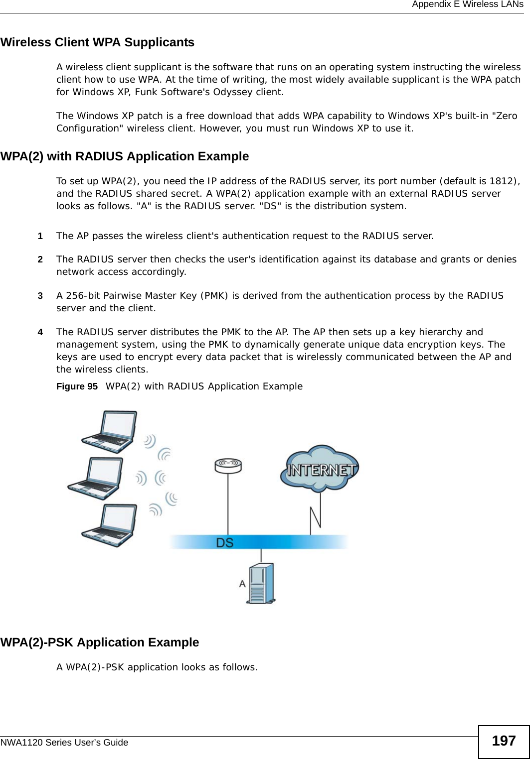  Appendix E Wireless LANsNWA1120 Series User’s Guide 197Wireless Client WPA SupplicantsA wireless client supplicant is the software that runs on an operating system instructing the wireless client how to use WPA. At the time of writing, the most widely available supplicant is the WPA patch for Windows XP, Funk Software&apos;s Odyssey client. The Windows XP patch is a free download that adds WPA capability to Windows XP&apos;s built-in &quot;Zero Configuration&quot; wireless client. However, you must run Windows XP to use it. WPA(2) with RADIUS Application ExampleTo set up WPA(2), you need the IP address of the RADIUS server, its port number (default is 1812), and the RADIUS shared secret. A WPA(2) application example with an external RADIUS server looks as follows. &quot;A&quot; is the RADIUS server. &quot;DS&quot; is the distribution system.1The AP passes the wireless client&apos;s authentication request to the RADIUS server.2The RADIUS server then checks the user&apos;s identification against its database and grants or denies network access accordingly.3A 256-bit Pairwise Master Key (PMK) is derived from the authentication process by the RADIUS server and the client.4The RADIUS server distributes the PMK to the AP. The AP then sets up a key hierarchy and management system, using the PMK to dynamically generate unique data encryption keys. The keys are used to encrypt every data packet that is wirelessly communicated between the AP and the wireless clients.Figure 95   WPA(2) with RADIUS Application ExampleWPA(2)-PSK Application ExampleA WPA(2)-PSK application looks as follows.