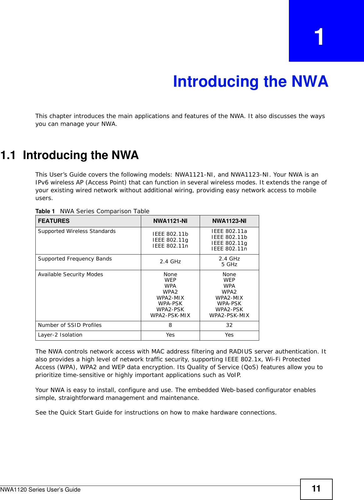 NWA1120 Series User’s Guide 11CHAPTER   1Introducing the NWAThis chapter introduces the main applications and features of the NWA. It also discusses the ways you can manage your NWA.1.1  Introducing the NWA This User’s Guide covers the following models: NWA1121-NI, and NWA1123-NI. Your NWA is an IPv6 wireless AP (Access Point) that can function in several wireless modes. It extends the range of your existing wired network without additional wiring, providing easy network access to mobile users.  The NWA controls network access with MAC address filtering and RADIUS server authentication. It also provides a high level of network traffic security, supporting IEEE 802.1x, Wi-Fi Protected Access (WPA), WPA2 and WEP data encryption. Its Quality of Service (QoS) features allow you to prioritize time-sensitive or highly important applications such as VoIP.Your NWA is easy to install, configure and use. The embedded Web-based configurator enables simple, straightforward management and maintenance.See the Quick Start Guide for instructions on how to make hardware connections.Table 1   NWA Series Comparison TableFEATURES NWA1121-NI NWA1123-NISupported Wireless StandardsIEEE 802.11bIEEE 802.11gIEEE 802.11nIEEE 802.11aIEEE 802.11bIEEE 802.11gIEEE 802.11nSupported Frequency Bands 2.4 GHz 2.4 GHz5 GHzAvailable Security Modes NoneWEPWPAWPA2WPA2-MIXWPA-PSKWPA2-PSKWPA2-PSK-MIXNoneWEPWPAWPA2WPA2-MIXWPA-PSKWPA2-PSKWPA2-PSK-MIXNumber of SSID Profiles 8 32Layer-2 Isolation Yes Yes