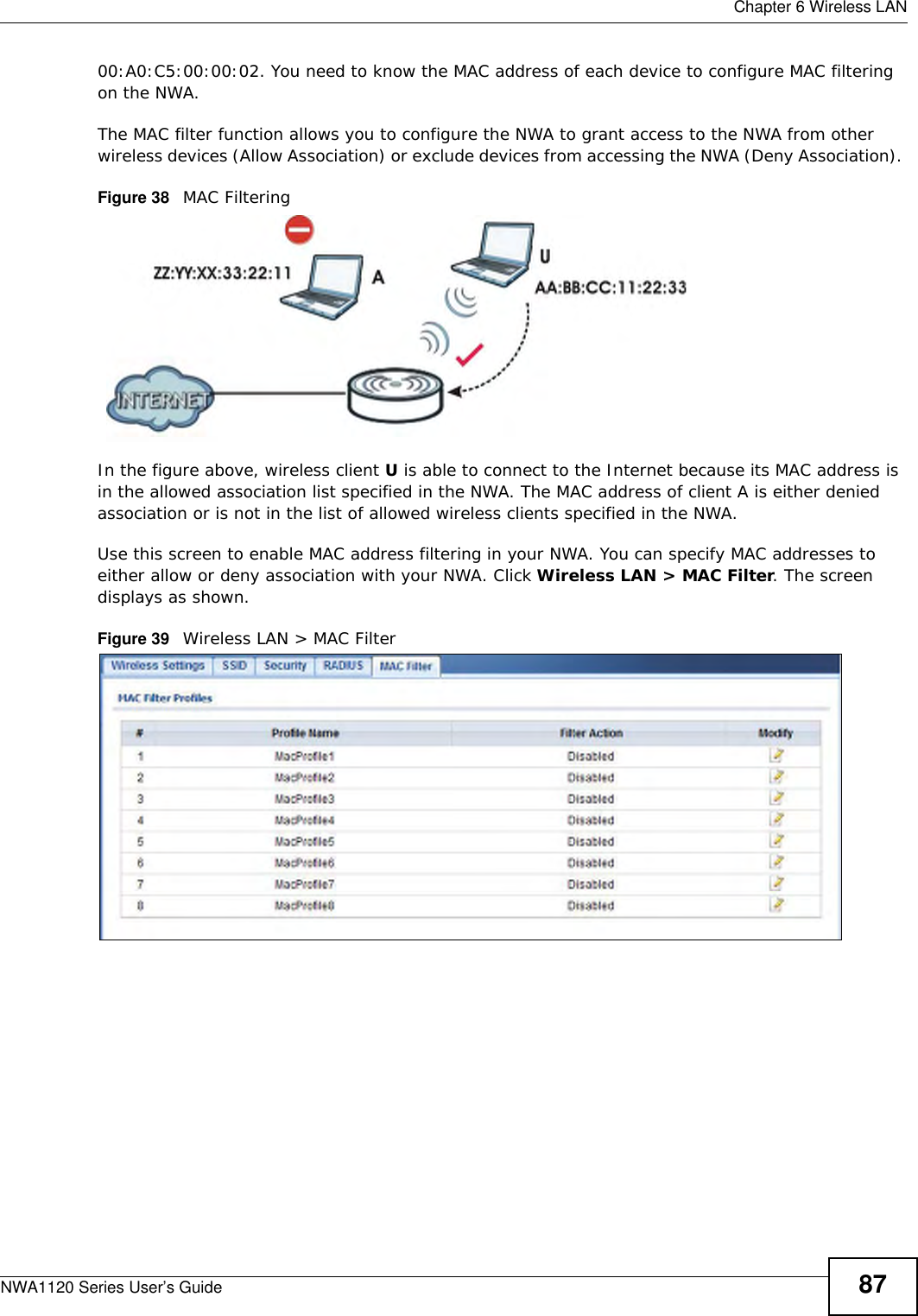  Chapter 6 Wireless LANNWA1120 Series User’s Guide 8700:A0:C5:00:00:02. You need to know the MAC address of each device to configure MAC filtering on the NWA.The MAC filter function allows you to configure the NWA to grant access to the NWA from other wireless devices (Allow Association) or exclude devices from accessing the NWA (Deny Association). Figure 38   MAC Filtering In the figure above, wireless client U is able to connect to the Internet because its MAC address is in the allowed association list specified in the NWA. The MAC address of client A is either denied association or is not in the list of allowed wireless clients specified in the NWA.Use this screen to enable MAC address filtering in your NWA. You can specify MAC addresses to either allow or deny association with your NWA. Click Wireless LAN &gt; MAC Filter. The screen displays as shown. Figure 39   Wireless LAN &gt; MAC Filter