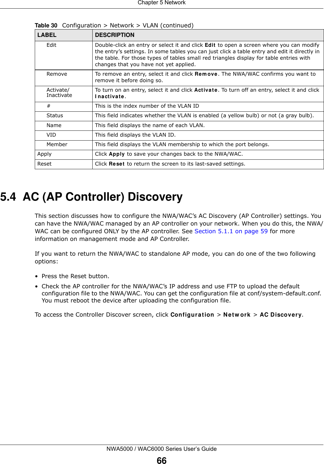 Chapter 5 NetworkNWA5000 / WAC6000 Series User’s Guide665.4  AC (AP Controller) DiscoveryThis section discusses how to configure the NWA/WAC’s AC Discovery (AP Controller) settings. You can have the NWA/WAC managed by an AP controller on your network. When you do this, the NWA/WAC can be configured ONLY by the AP controller. See Section 5.1.1 on page 59 for more information on management mode and AP Controller.If you want to return the NWA/WAC to standalone AP mode, you can do one of the two following options: • Press the Reset button.• Check the AP controller for the NWA/WAC’s IP address and use FTP to upload the default configuration file to the NWA/WAC. You can get the configuration file at conf/system-default.conf. You must reboot the device after uploading the configuration file. To access the Controller Discover screen, click Configuration &gt; Network &gt; AC Discovery.Edit Double-click an entry or select it and click Edit to open a screen where you can modify the entry’s settings. In some tables you can just click a table entry and edit it directly in the table. For those types of tables small red triangles display for table entries with changes that you have not yet applied.Remove To remove an entry, select it and click Remove. The NWA/WAC confirms you want to remove it before doing so.Activate/Inactivate To turn on an entry, select it and click Activate. To turn off an entry, select it and click Inactivate.# This is the index number of the VLAN ID Status This field indicates whether the VLAN is enabled (a yellow bulb) or not (a gray bulb).Name This field displays the name of each VLAN.VID This field displays the VLAN ID.Member This field displays the VLAN membership to which the port belongs.Apply Click Apply to save your changes back to the NWA/WAC.Reset Click Reset to return the screen to its last-saved settings. Table 30   Configuration &gt; Network &gt; VLAN (continued)LABEL  DESCRIPTION
