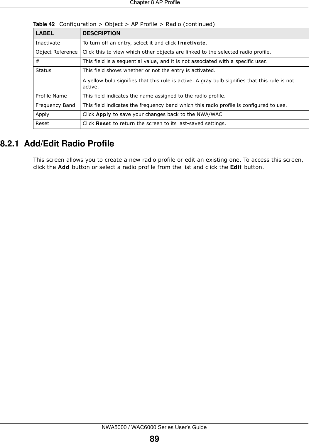  Chapter 8 AP ProfileNWA5000 / WAC6000 Series User’s Guide898.2.1  Add/Edit Radio ProfileThis screen allows you to create a new radio profile or edit an existing one. To access this screen, click the Add button or select a radio profile from the list and click the Edit button. Inactivate To turn off an entry, select it and click Inactivate.Object Reference Click this to view which other objects are linked to the selected radio profile.# This field is a sequential value, and it is not associated with a specific user.Status This field shows whether or not the entry is activated.A yellow bulb signifies that this rule is active. A gray bulb signifies that this rule is not active.Profile Name This field indicates the name assigned to the radio profile.Frequency Band This field indicates the frequency band which this radio profile is configured to use.Apply Click Apply to save your changes back to the NWA/WAC.Reset Click Reset to return the screen to its last-saved settings.Table 42   Configuration &gt; Object &gt; AP Profile &gt; Radio (continued)LABEL DESCRIPTION