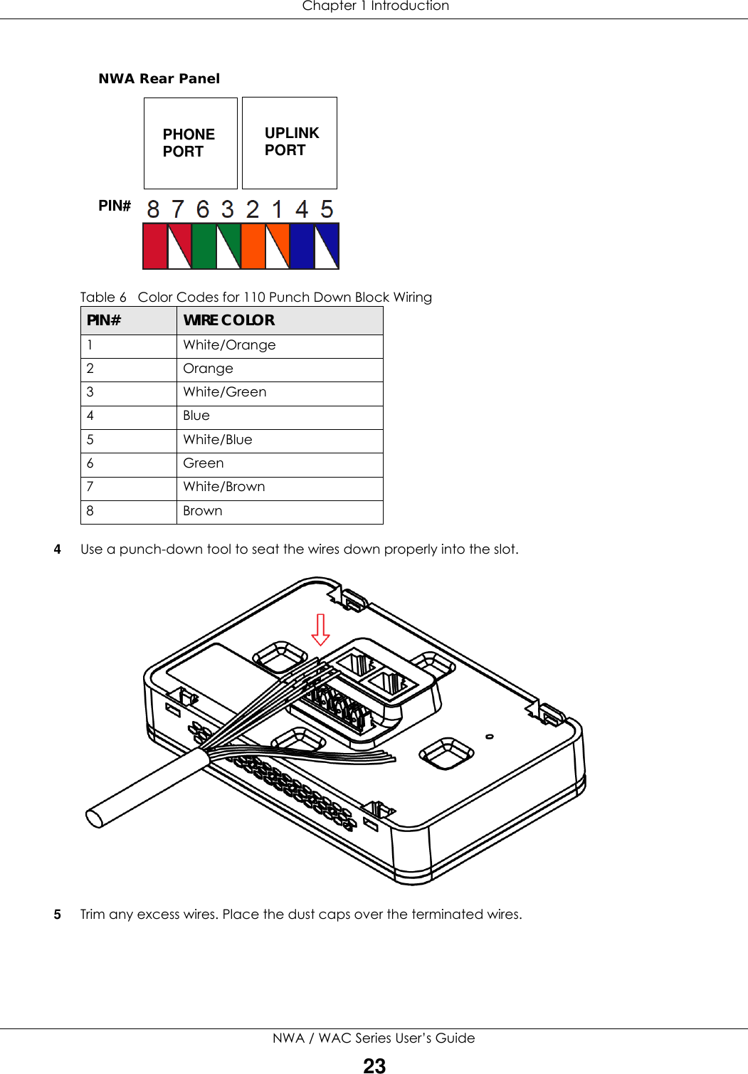  Chapter 1 IntroductionNWA / WAC Series User’s Guide23 4Use a punch-down tool to seat the wires down properly into the slot. 5Trim any excess wires. Place the dust caps over the terminated wires.Table 6   Color Codes for 110 Punch Down Block WiringPIN# WIRE COLOR1White/Orange2Orange3 White/Green4Blue5White/Blue6 Green7White/Brown8BrownPIN#PHONE PORT UPLINK PORTNWA Rear Panel