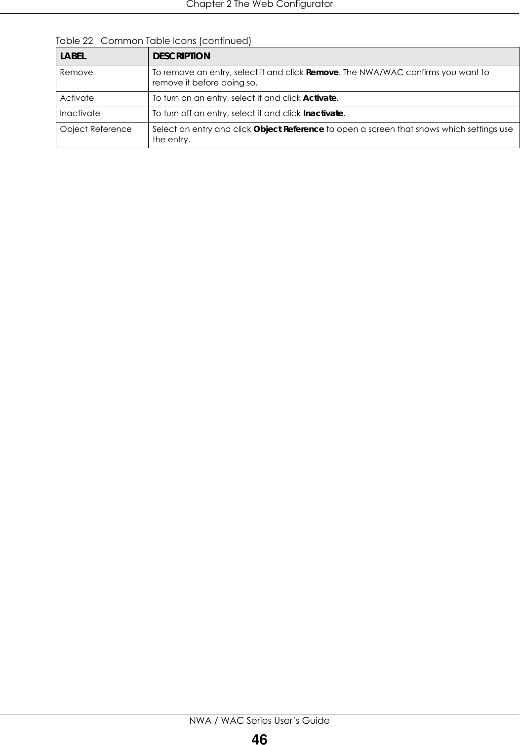 Chapter 2 The Web ConfiguratorNWA / WAC Series User’s Guide46Remove To remove an entry, select it and click Remove. The NWA/WAC confirms you want to remove it before doing so.Activate To turn on an entry, select it and click Activate.Inactivate To turn off an entry, select it and click Inactivate.Object Reference Select an entry and click Object Reference to open a screen that shows which settings use the entry.Table 22   Common Table Icons (continued)LABEL DESCRIPTION