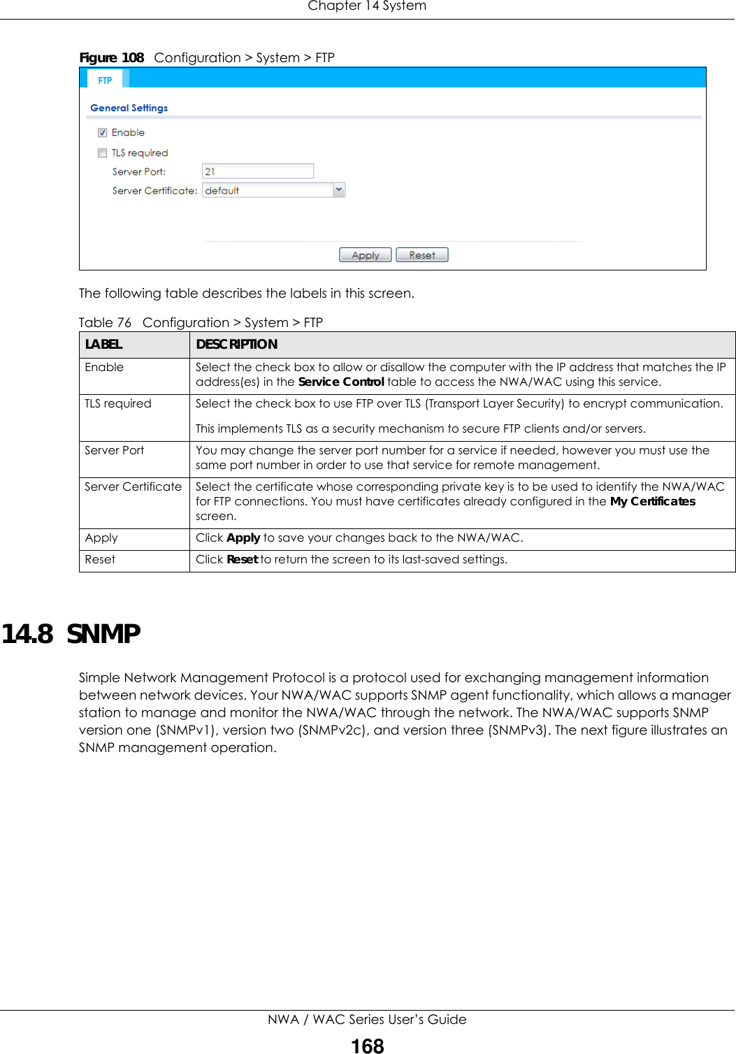 Chapter 14 SystemNWA / WAC Series User’s Guide168Figure 108   Configuration &gt; System &gt; FTPThe following table describes the labels in this screen.  14.8  SNMP Simple Network Management Protocol is a protocol used for exchanging management information between network devices. Your NWA/WAC supports SNMP agent functionality, which allows a manager station to manage and monitor the NWA/WAC through the network. The NWA/WAC supports SNMP version one (SNMPv1), version two (SNMPv2c), and version three (SNMPv3). The next figure illustrates an SNMP management operation.  Table 76   Configuration &gt; System &gt; FTPLABEL DESCRIPTIONEnable Select the check box to allow or disallow the computer with the IP address that matches the IP address(es) in the Service Control table to access the NWA/WAC using this service.TLS required Select the check box to use FTP over TLS (Transport Layer Security) to encrypt communication.This implements TLS as a security mechanism to secure FTP clients and/or servers.Server Port You may change the server port number for a service if needed, however you must use the same port number in order to use that service for remote management.Server Certificate Select the certificate whose corresponding private key is to be used to identify the NWA/WAC for FTP connections. You must have certificates already configured in the My Certificates screen.Apply Click Apply to save your changes back to the NWA/WAC. Reset Click Reset to return the screen to its last-saved settings. 