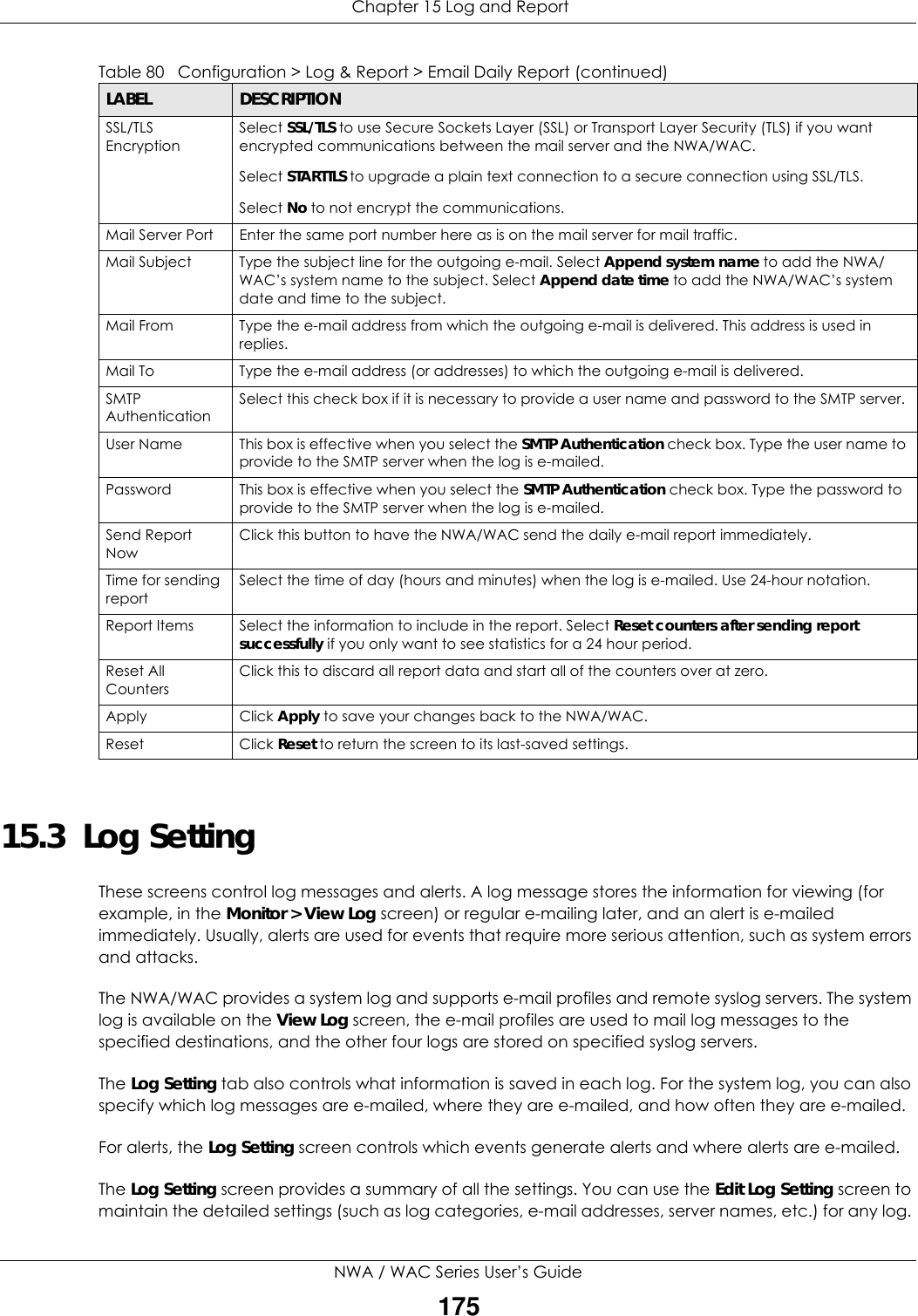  Chapter 15 Log and ReportNWA / WAC Series User’s Guide17515.3  Log Setting These screens control log messages and alerts. A log message stores the information for viewing (for example, in the Monitor &gt; View Log screen) or regular e-mailing later, and an alert is e-mailed immediately. Usually, alerts are used for events that require more serious attention, such as system errors and attacks.The NWA/WAC provides a system log and supports e-mail profiles and remote syslog servers. The system log is available on the View Log screen, the e-mail profiles are used to mail log messages to the specified destinations, and the other four logs are stored on specified syslog servers.The Log Setting tab also controls what information is saved in each log. For the system log, you can also specify which log messages are e-mailed, where they are e-mailed, and how often they are e-mailed.For alerts, the Log Setting screen controls which events generate alerts and where alerts are e-mailed.The Log Setting screen provides a summary of all the settings. You can use the Edit Log Setting screen to maintain the detailed settings (such as log categories, e-mail addresses, server names, etc.) for any log. SSL/TLS EncryptionSelect SSL/TLS to use Secure Sockets Layer (SSL) or Transport Layer Security (TLS) if you want encrypted communications between the mail server and the NWA/WAC. Select STARTTLS to upgrade a plain text connection to a secure connection using SSL/TLS.Select No to not encrypt the communications.Mail Server Port Enter the same port number here as is on the mail server for mail traffic.Mail Subject Type the subject line for the outgoing e-mail. Select Append system name to add the NWA/WAC’s system name to the subject. Select Append date time to add the NWA/WAC’s system date and time to the subject.Mail From Type the e-mail address from which the outgoing e-mail is delivered. This address is used in replies.Mail To Type the e-mail address (or addresses) to which the outgoing e-mail is delivered.SMTP AuthenticationSelect this check box if it is necessary to provide a user name and password to the SMTP server.User Name This box is effective when you select the SMTP Authentication check box. Type the user name to provide to the SMTP server when the log is e-mailed.Password This box is effective when you select the SMTP Authentication check box. Type the password to provide to the SMTP server when the log is e-mailed.Send Report NowClick this button to have the NWA/WAC send the daily e-mail report immediately.Time for sending reportSelect the time of day (hours and minutes) when the log is e-mailed. Use 24-hour notation.Report Items Select the information to include in the report. Select Reset counters after sending report successfully if you only want to see statistics for a 24 hour period.Reset All CountersClick this to discard all report data and start all of the counters over at zero. Apply Click Apply to save your changes back to the NWA/WAC.Reset Click Reset to return the screen to its last-saved settings. Table 80   Configuration &gt; Log &amp; Report &gt; Email Daily Report (continued)LABEL DESCRIPTION