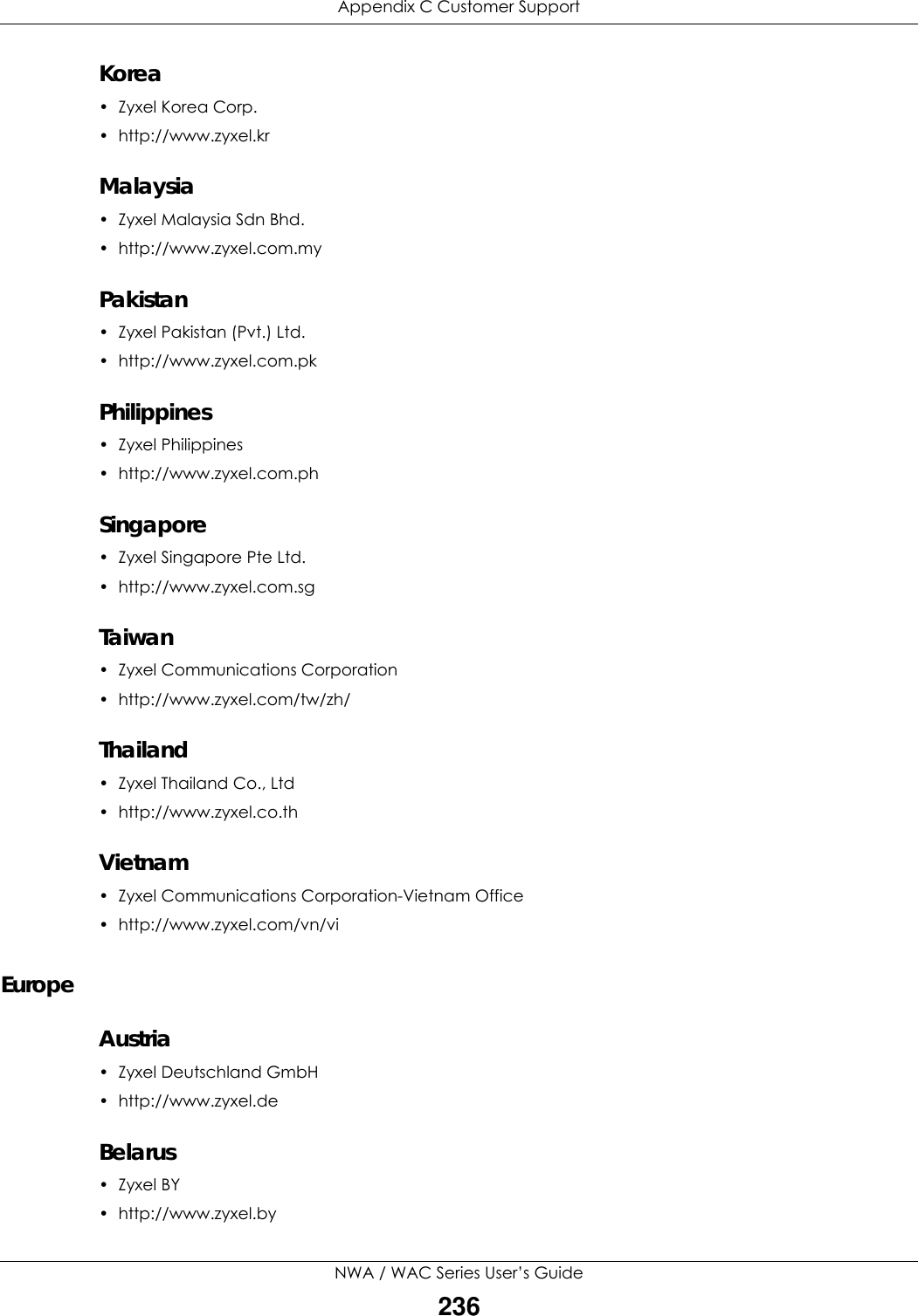 Appendix C Customer SupportNWA / WAC Series User’s Guide236Korea• Zyxel Korea Corp.• http://www.zyxel.krMalaysia• Zyxel Malaysia Sdn Bhd.• http://www.zyxel.com.myPakistan• Zyxel Pakistan (Pvt.) Ltd.• http://www.zyxel.com.pkPhilippines• Zyxel Philippines• http://www.zyxel.com.phSingapore• Zyxel Singapore Pte Ltd.• http://www.zyxel.com.sgTaiwan• Zyxel Communications Corporation• http://www.zyxel.com/tw/zh/Thailand• Zyxel Thailand Co., Ltd • http://www.zyxel.co.thVietnam• Zyxel Communications Corporation-Vietnam Office• http://www.zyxel.com/vn/viEuropeAustria•Zyxel Deutschland GmbH • http://www.zyxel.deBelarus•Zyxel BY • http://www.zyxel.by