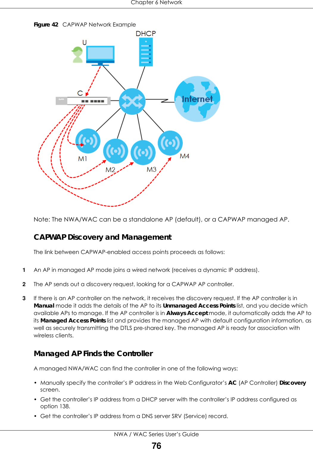 Chapter 6 NetworkNWA / WAC Series User’s Guide76Figure 42   CAPWAP Network ExampleNote: The NWA/WAC can be a standalone AP (default), or a CAPWAP managed AP.CAPWAP Discovery and ManagementThe link between CAPWAP-enabled access points proceeds as follows:1An AP in managed AP mode joins a wired network (receives a dynamic IP address).2The AP sends out a discovery request, looking for a CAPWAP AP controller.3If there is an AP controller on the network, it receives the discovery request. If the AP controller is in Manual mode it adds the details of the AP to its Unmanaged Access Points list, and you decide which available APs to manage. If the AP controller is in Always Accept mode, it automatically adds the AP to its Managed Access Points list and provides the managed AP with default configuration information, as well as securely transmitting the DTLS pre-shared key. The managed AP is ready for association with wireless clients.Managed AP Finds the ControllerA managed NWA/WAC can find the controller in one of the following ways:• Manually specify the controller’s IP address in the Web Configurator’s AC (AP Controller) Discovery screen. • Get the controller’s IP address from a DHCP server with the controller’s IP address configured as option 138.• Get the controller’s IP address from a DNS server SRV (Service) record.