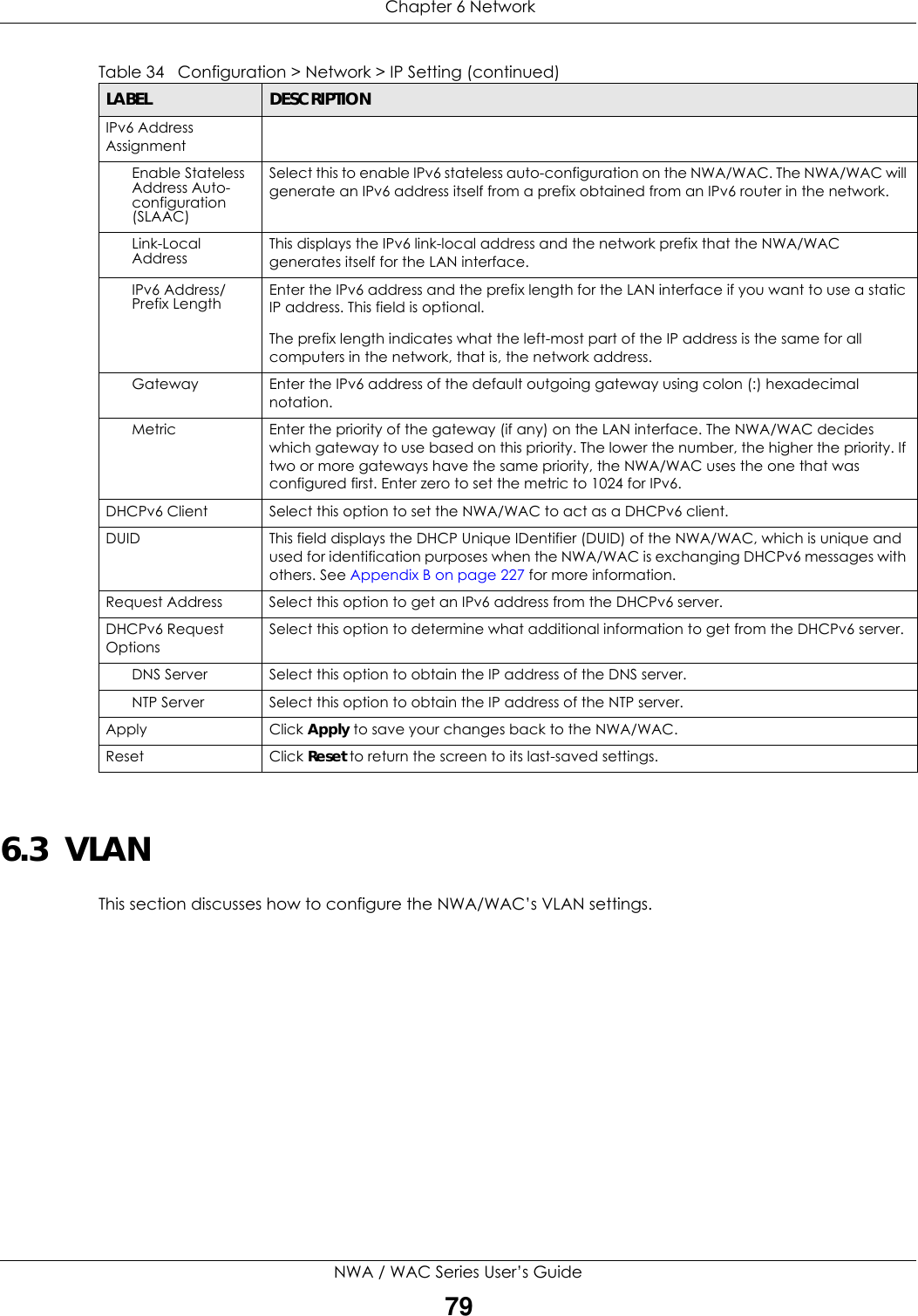  Chapter 6 NetworkNWA / WAC Series User’s Guide796.3  VLANThis section discusses how to configure the NWA/WAC’s VLAN settings.IPv6 Address AssignmentEnable Stateless Address Auto-configuration (SLAAC)Select this to enable IPv6 stateless auto-configuration on the NWA/WAC. The NWA/WAC will generate an IPv6 address itself from a prefix obtained from an IPv6 router in the network.Link-Local Address This displays the IPv6 link-local address and the network prefix that the NWA/WAC generates itself for the LAN interface.IPv6 Address/Prefix Length Enter the IPv6 address and the prefix length for the LAN interface if you want to use a static IP address. This field is optional.The prefix length indicates what the left-most part of the IP address is the same for all computers in the network, that is, the network address.Gateway Enter the IPv6 address of the default outgoing gateway using colon (:) hexadecimal notation.Metric Enter the priority of the gateway (if any) on the LAN interface. The NWA/WAC decides which gateway to use based on this priority. The lower the number, the higher the priority. If two or more gateways have the same priority, the NWA/WAC uses the one that was configured first. Enter zero to set the metric to 1024 for IPv6.DHCPv6 Client Select this option to set the NWA/WAC to act as a DHCPv6 client.DUID This field displays the DHCP Unique IDentifier (DUID) of the NWA/WAC, which is unique and used for identification purposes when the NWA/WAC is exchanging DHCPv6 messages with others. See Appendix B on page 227 for more information.Request Address  Select this option to get an IPv6 address from the DHCPv6 server.DHCPv6 Request OptionsSelect this option to determine what additional information to get from the DHCPv6 server. DNS Server Select this option to obtain the IP address of the DNS server.NTP Server Select this option to obtain the IP address of the NTP server.Apply Click Apply to save your changes back to the NWA/WAC.Reset Click Reset to return the screen to its last-saved settings. Table 34   Configuration &gt; Network &gt; IP Setting (continued)LABEL  DESCRIPTION