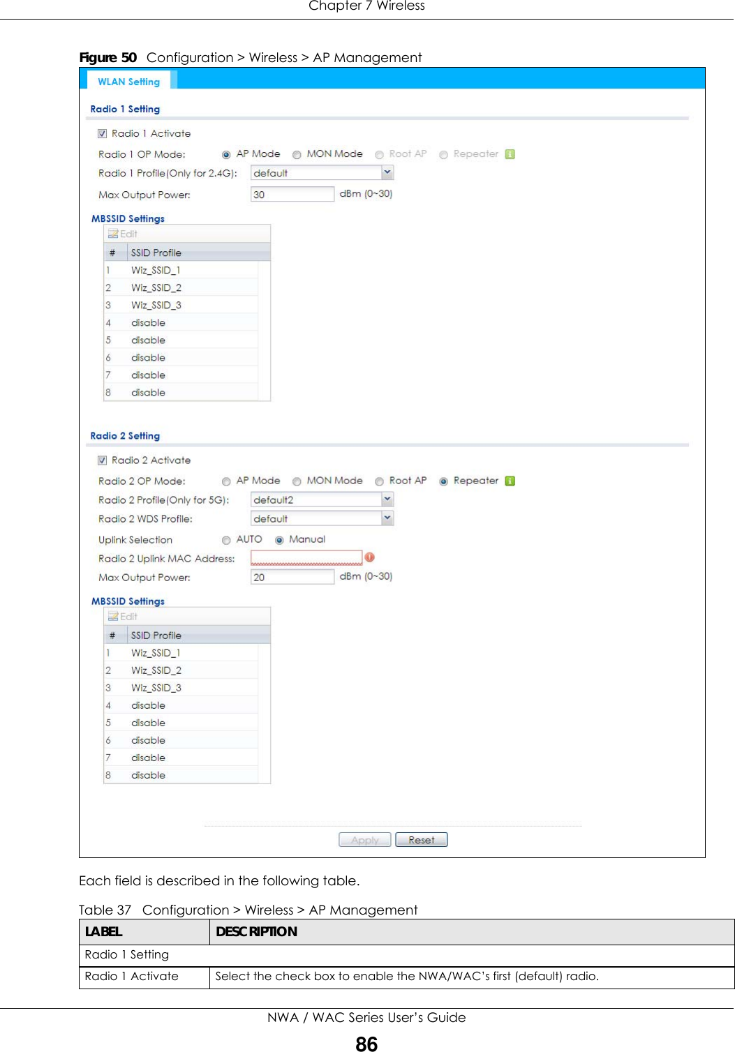 Chapter 7 WirelessNWA / WAC Series User’s Guide86Figure 50   Configuration &gt; Wireless &gt; AP Management     Each field is described in the following table.   Table 37   Configuration &gt; Wireless &gt; AP ManagementLABEL  DESCRIPTIONRadio 1 SettingRadio 1 Activate Select the check box to enable the NWA/WAC’s first (default) radio.