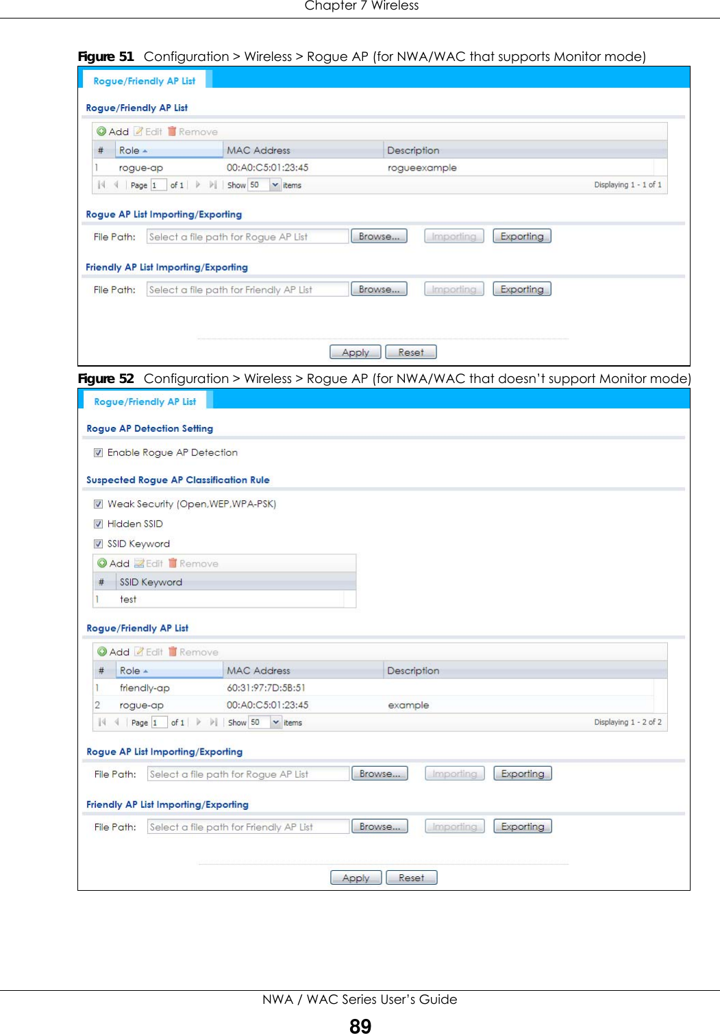  Chapter 7 WirelessNWA / WAC Series User’s Guide89Figure 51   Configuration &gt; Wireless &gt; Rogue AP (for NWA/WAC that supports Monitor mode)      Figure 52   Configuration &gt; Wireless &gt; Rogue AP (for NWA/WAC that doesn’t support Monitor mode)     