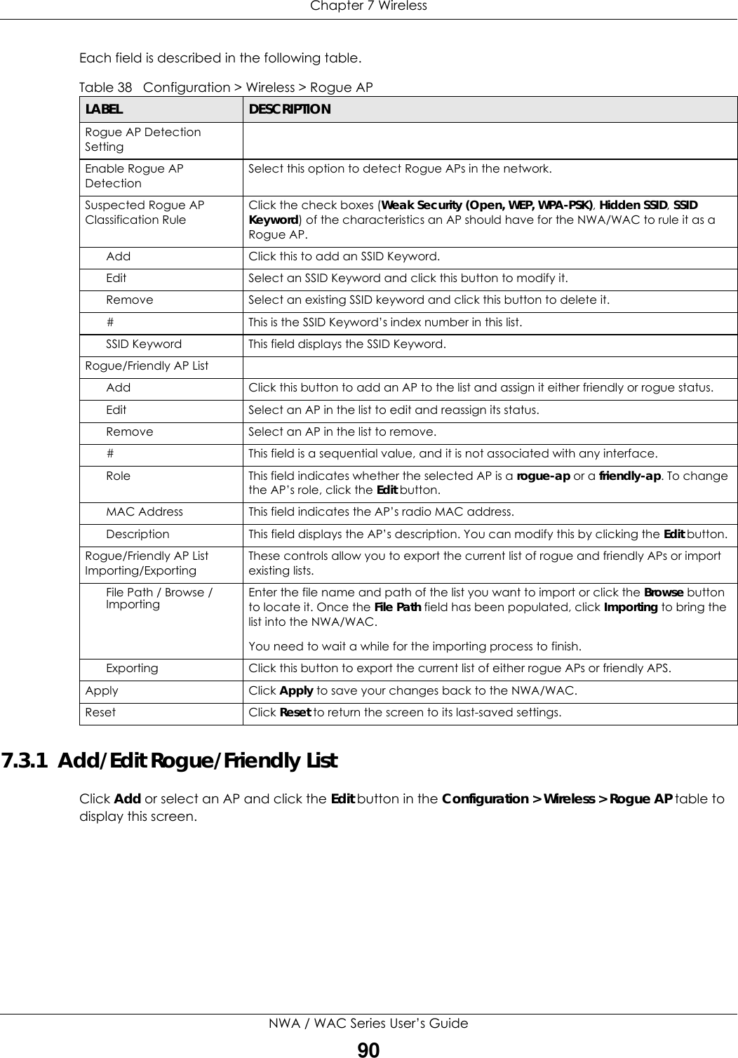 Chapter 7 WirelessNWA / WAC Series User’s Guide90Each field is described in the following table.  7.3.1  Add/Edit Rogue/Friendly ListClick Add or select an AP and click the Edit button in the Configuration &gt; Wireless &gt; Rogue AP table to display this screen.Table 38   Configuration &gt; Wireless &gt; Rogue APLABEL  DESCRIPTIONRogue AP Detection SettingEnable Rogue AP DetectionSelect this option to detect Rogue APs in the network.Suspected Rogue AP Classification RuleClick the check boxes (Weak Security (Open, WEP, WPA-PSK), Hidden SSID, SSID Keyword) of the characteristics an AP should have for the NWA/WAC to rule it as a Rogue AP.Add Click this to add an SSID Keyword.Edit Select an SSID Keyword and click this button to modify it.Remove Select an existing SSID keyword and click this button to delete it.#This is the SSID Keyword’s index number in this list.SSID Keyword This field displays the SSID Keyword.Rogue/Friendly AP ListAdd Click this button to add an AP to the list and assign it either friendly or rogue status.Edit Select an AP in the list to edit and reassign its status.Remove Select an AP in the list to remove.# This field is a sequential value, and it is not associated with any interface.Role This field indicates whether the selected AP is a rogue-ap or a friendly-ap. To change the AP’s role, click the Edit button.MAC Address This field indicates the AP’s radio MAC address.Description This field displays the AP’s description. You can modify this by clicking the Edit button.Rogue/Friendly AP List Importing/ExportingThese controls allow you to export the current list of rogue and friendly APs or import existing lists.File Path / Browse / Importing Enter the file name and path of the list you want to import or click the Browse button to locate it. Once the File Path field has been populated, click Importing to bring the list into the NWA/WAC.You need to wait a while for the importing process to finish.Exporting Click this button to export the current list of either rogue APs or friendly APS.Apply Click Apply to save your changes back to the NWA/WAC.Reset Click Reset to return the screen to its last-saved settings. 