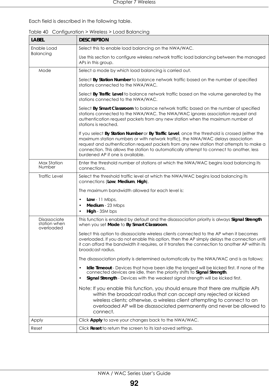 Chapter 7 WirelessNWA / WAC Series User’s Guide92Each field is described in the following table.  Table 40   Configuration &gt; Wireless &gt; Load BalancingLABEL  DESCRIPTIONEnable Load BalancingSelect this to enable load balancing on the NWA/WAC.Use this section to configure wireless network traffic load balancing between the managed APs in this group.Mode Select a mode by which load balancing is carried out.Select By Station Number to balance network traffic based on the number of specified stations connected to the NWA/WAC.Select By Traffic Level to balance network traffic based on the volume generated by the stations connected to the NWA/WAC.Select By Smart Classroom to balance network traffic based on the number of specified stations connected to the NWA/WAC. The NWA/WAC ignores association request and authentication request packets from any new station when the maximum number of stations is reached.If you select By Station Number or By Traffic Level, once the threshold is crossed (either the maximum station numbers or with network traffic), the NWA/WAC delays association request and authentication request packets from any new station that attempts to make a connection. This allows the station to automatically attempt to connect to another, less burdened AP if one is available.Max Station Number Enter the threshold number of stations at which the NWA/WAC begins load balancing its connections.Traffic Level Select the threshold traffic level at which the NWA/WAC begins load balancing its connections (Low, Medium, High).The maximum bandwidth allowed for each level is: •Low - 11 Mbps, •Medium - 23 Mbps•High - 35M bpsDisassociate station when overloadedThis function is enabled by default and the disassociation priority is always Signal Strength when you set Mode to By Smart Classroom.Select this option to disassociate wireless clients connected to the AP when it becomes overloaded. If you do not enable this option, then the AP simply delays the connection until it can afford the bandwidth it requires, or it transfers the connection to another AP within its broadcast radius.The disassociation priority is determined automatically by the NWA/WAC and is as follows:•Idle Timeout - Devices that have been idle the longest will be kicked first. If none of the connected devices are idle, then the priority shifts to Signal Strength.•Signal Strength - Devices with the weakest signal strength will be kicked first.Note: If you enable this function, you should ensure that there are multiple APs within the broadcast radius that can accept any rejected or kicked wireless clients; otherwise, a wireless client attempting to connect to an overloaded AP will be disassociated permanently and never be allowed to connect.Apply Click Apply to save your changes back to the NWA/WAC.Reset Click Reset to return the screen to its last-saved settings. 