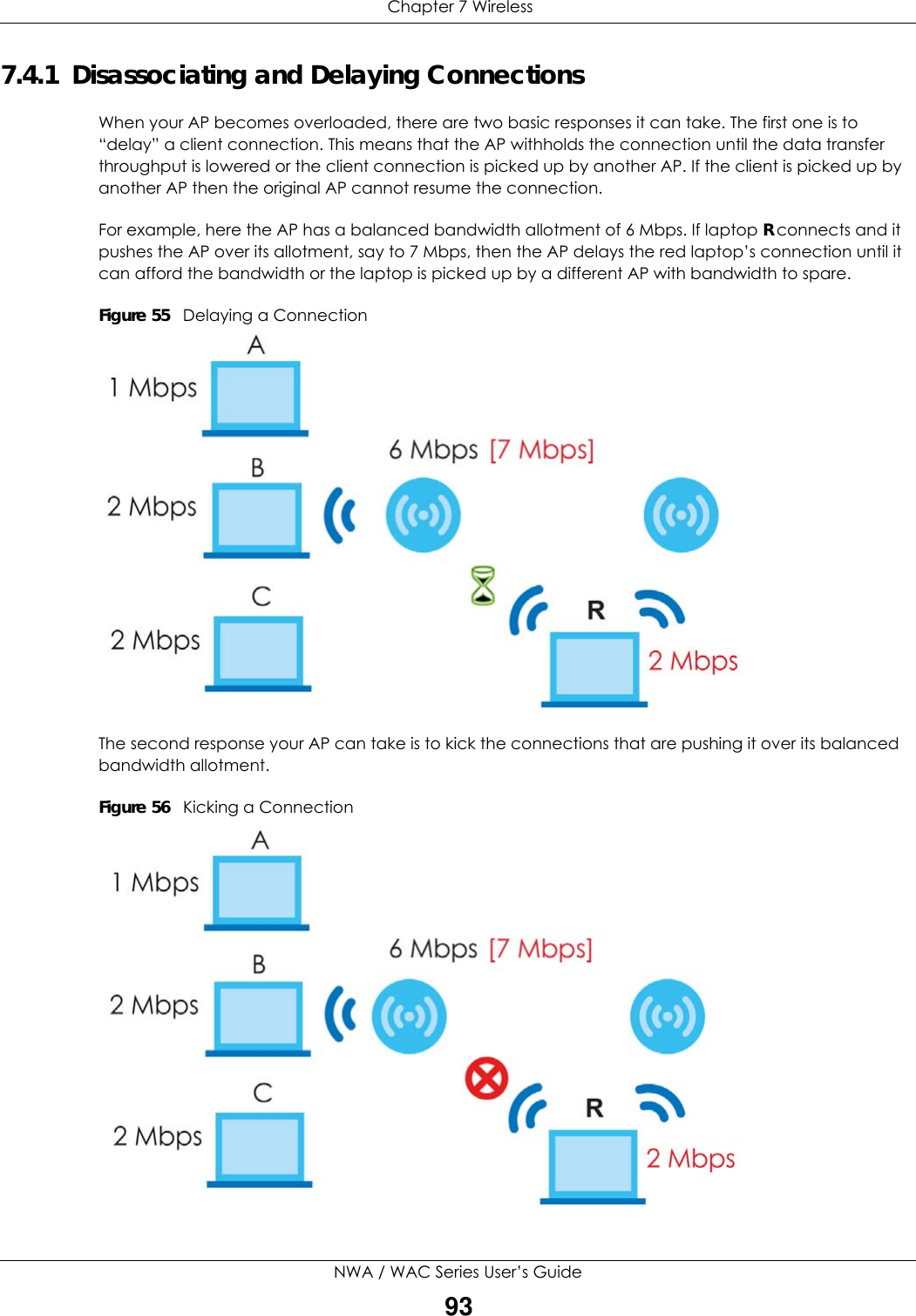  Chapter 7 WirelessNWA / WAC Series User’s Guide937.4.1  Disassociating and Delaying ConnectionsWhen your AP becomes overloaded, there are two basic responses it can take. The first one is to “delay” a client connection. This means that the AP withholds the connection until the data transfer throughput is lowered or the client connection is picked up by another AP. If the client is picked up by another AP then the original AP cannot resume the connection.For example, here the AP has a balanced bandwidth allotment of 6 Mbps. If laptop R connects and it pushes the AP over its allotment, say to 7 Mbps, then the AP delays the red laptop’s connection until it can afford the bandwidth or the laptop is picked up by a different AP with bandwidth to spare.Figure 55   Delaying a ConnectionThe second response your AP can take is to kick the connections that are pushing it over its balanced bandwidth allotment.Figure 56   Kicking a Connection