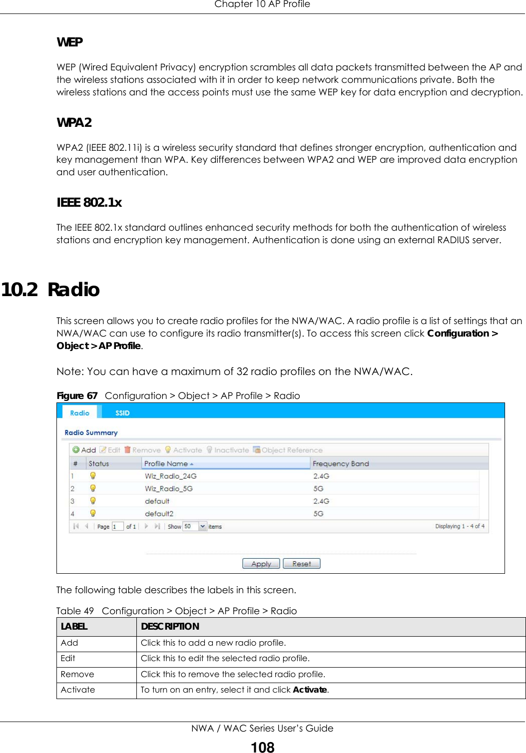 Chapter 10 AP ProfileNWA / WAC Series User’s Guide108WEPWEP (Wired Equivalent Privacy) encryption scrambles all data packets transmitted between the AP and the wireless stations associated with it in order to keep network communications private. Both the wireless stations and the access points must use the same WEP key for data encryption and decryption.WPA2WPA2 (IEEE 802.11i) is a wireless security standard that defines stronger encryption, authentication and key management than WPA. Key differences between WPA2 and WEP are improved data encryption and user authentication.IEEE 802.1x The IEEE 802.1x standard outlines enhanced security methods for both the authentication of wireless stations and encryption key management. Authentication is done using an external RADIUS server. 10.2  RadioThis screen allows you to create radio profiles for the NWA/WAC. A radio profile is a list of settings that an NWA/WAC can use to configure its radio transmitter(s). To access this screen click Configuration &gt; Object &gt; AP Profile.Note: You can have a maximum of 32 radio profiles on the NWA/WAC.Figure 67   Configuration &gt; Object &gt; AP Profile &gt; RadioThe following table describes the labels in this screen.  Table 49   Configuration &gt; Object &gt; AP Profile &gt; RadioLABEL DESCRIPTIONAdd Click this to add a new radio profile.Edit Click this to edit the selected radio profile.Remove Click this to remove the selected radio profile.Activate To turn on an entry, select it and click Activate.