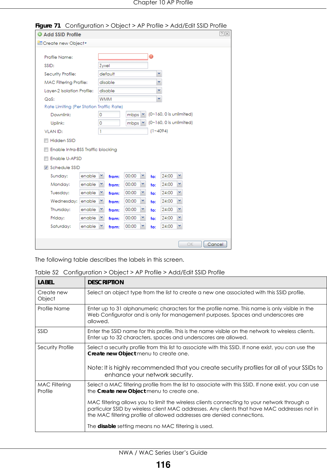 Chapter 10 AP ProfileNWA / WAC Series User’s Guide116Figure 71   Configuration &gt; Object &gt; AP Profile &gt; Add/Edit SSID ProfileThe following table describes the labels in this screen.  Table 52   Configuration &gt; Object &gt; AP Profile &gt; Add/Edit SSID ProfileLABEL DESCRIPTIONCreate new ObjectSelect an object type from the list to create a new one associated with this SSID profile.Profile Name Enter up to 31 alphanumeric characters for the profile name. This name is only visible in the Web Configurator and is only for management purposes. Spaces and underscores are allowed.SSID Enter the SSID name for this profile. This is the name visible on the network to wireless clients. Enter up to 32 characters, spaces and underscores are allowed.Security Profile Select a security profile from this list to associate with this SSID. If none exist, you can use the Create new Object menu to create one.Note: It is highly recommended that you create security profiles for all of your SSIDs to enhance your network security.MAC Filtering ProfileSelect a MAC filtering profile from the list to associate with this SSID. If none exist, you can use the Create new Object menu to create one.MAC filtering allows you to limit the wireless clients connecting to your network through a particular SSID by wireless client MAC addresses. Any clients that have MAC addresses not in the MAC filtering profile of allowed addresses are denied connections.The disable setting means no MAC filtering is used.