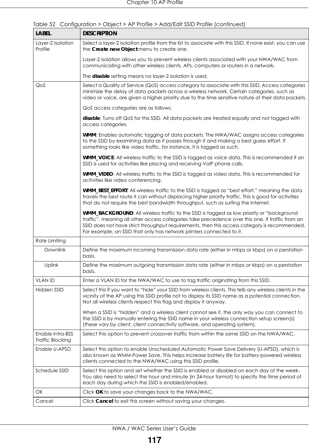  Chapter 10 AP ProfileNWA / WAC Series User’s Guide117Layer-2 Isolation ProfileSelect a layer-2 isolation profile from the list to associate with this SSID. If none exist, you can use the Create new Object menu to create one.Layer-2 isolation allows you to prevent wireless clients associated with your NWA/WAC from communicating with other wireless clients, APs, computers or routers in a network.The disable setting means no layer-2 isolation is used.QoS Select a Quality of Service (QoS) access category to associate with this SSID. Access categories minimize the delay of data packets across a wireless network. Certain categories, such as video or voice, are given a higher priority due to the time sensitive nature of their data packets.QoS access categories are as follows:disable: Turns off QoS for this SSID. All data packets are treated equally and not tagged with access categories.WMM: Enables automatic tagging of data packets. The NWA/WAC assigns access categories to the SSID by examining data as it passes through it and making a best guess effort. If something looks like video traffic, for instance, it is tagged as such.WMM_VOICE: All wireless traffic to the SSID is tagged as voice data. This is recommended if an SSID is used for activities like placing and receiving VoIP phone calls.WMM_VIDEO: All wireless traffic to the SSID is tagged as video data. This is recommended for activities like video conferencing.WMM_BEST_EFFORT: All wireless traffic to the SSID is tagged as “best effort,” meaning the data travels the best route it can without displacing higher priority traffic. This is good for activities that do not require the best bandwidth throughput, such as surfing the Internet.WMM_BACKGROUND: All wireless traffic to the SSID is tagged as low priority or “background traffic”, meaning all other access categories take precedence over this one. If traffic from an SSID does not have strict throughput requirements, then this access category is recommended. For example, an SSID that only has network printers connected to it.Rate LimitingDownlink Define the maximum incoming transmission data rate (either in mbps or kbps) on a perstation basis.Uplink Define the maximum outgoing transmission data rate (either in mbps or kbps) on a perstation basis.VLAN ID Enter a VLAN ID for the NWA/WAC to use to tag traffic originating from this SSID.Hidden SSID Select this if you want to “hide” your SSID from wireless clients. This tells any wireless clients in the vicinity of the AP using this SSID profile not to display its SSID name as a potential connection. Not all wireless clients respect this flag and display it anyway.When a SSID is “hidden” and a wireless client cannot see it, the only way you can connect to the SSID is by manually entering the SSID name in your wireless connection setup screen(s) (these vary by client, client connectivity software, and operating system).Enable Intra-BSS Traffic BlockingSelect this option to prevent crossover traffic from within the same SSID on the NWA/WAC.Enable U-APSD Select this option to enable Unscheduled Automatic Power Save Delivery (U-APSD), which is also known as WMM-Power Save. This helps increase battery life for battery-powered wireless clients connected to the NWA/WAC using this SSID profile.Schedule SSID Select this option and set whether the SSID is enabled or disabled on each day of the week. You also need to select the hour and minute (in 24-hour format) to specify the time period of each day during which the SSID is enabled/enabled.OK Click OK to save your changes back to the NWA/WAC.Cancel Click Cancel to exit this screen without saving your changes.Table 52   Configuration &gt; Object &gt; AP Profile &gt; Add/Edit SSID Profile (continued)LABEL DESCRIPTION