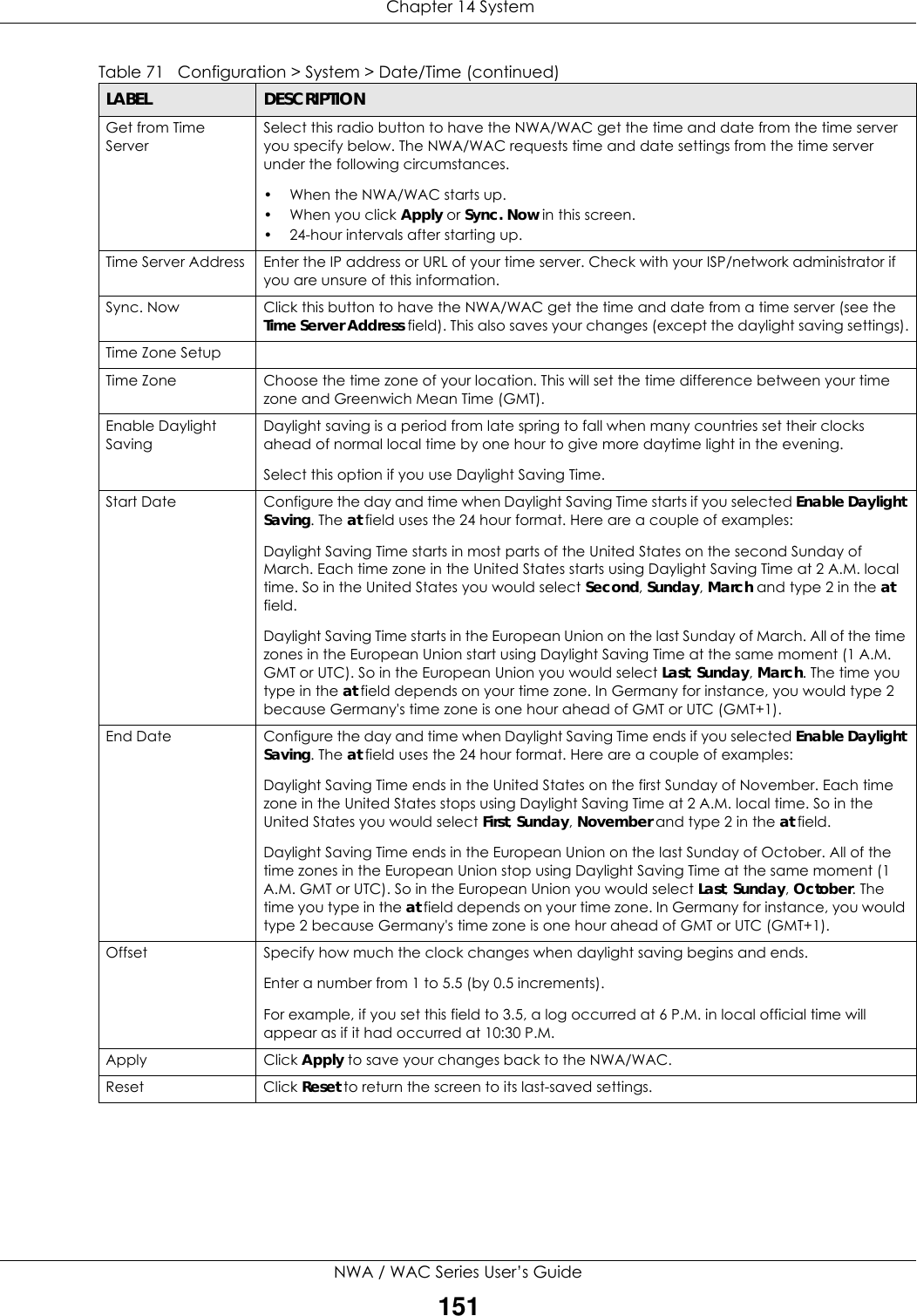  Chapter 14 SystemNWA / WAC Series User’s Guide151Get from Time ServerSelect this radio button to have the NWA/WAC get the time and date from the time server you specify below. The NWA/WAC requests time and date settings from the time server under the following circumstances.• When the NWA/WAC starts up.• When you click Apply or Sync. Now in this screen.• 24-hour intervals after starting up.Time Server Address Enter the IP address or URL of your time server. Check with your ISP/network administrator if you are unsure of this information.Sync. Now Click this button to have the NWA/WAC get the time and date from a time server (see the Time Server Address field). This also saves your changes (except the daylight saving settings).Time Zone SetupTime Zone Choose the time zone of your location. This will set the time difference between your time zone and Greenwich Mean Time (GMT). Enable Daylight Saving Daylight saving is a period from late spring to fall when many countries set their clocks ahead of normal local time by one hour to give more daytime light in the evening.Select this option if you use Daylight Saving Time.Start Date Configure the day and time when Daylight Saving Time starts if you selected Enable Daylight Saving. The at field uses the 24 hour format. Here are a couple of examples:Daylight Saving Time starts in most parts of the United States on the second Sunday of March. Each time zone in the United States starts using Daylight Saving Time at 2 A.M. local time. So in the United States you would select Second, Sunday, March and type 2 in the at field.Daylight Saving Time starts in the European Union on the last Sunday of March. All of the time zones in the European Union start using Daylight Saving Time at the same moment (1 A.M. GMT or UTC). So in the European Union you would select Last, Sunday, March. The time you type in the at field depends on your time zone. In Germany for instance, you would type 2 because Germany&apos;s time zone is one hour ahead of GMT or UTC (GMT+1). End Date Configure the day and time when Daylight Saving Time ends if you selected Enable Daylight Saving. The at field uses the 24 hour format. Here are a couple of examples:Daylight Saving Time ends in the United States on the first Sunday of November. Each time zone in the United States stops using Daylight Saving Time at 2 A.M. local time. So in the United States you would select First, Sunday, November and type 2 in the at field.Daylight Saving Time ends in the European Union on the last Sunday of October. All of the time zones in the European Union stop using Daylight Saving Time at the same moment (1 A.M. GMT or UTC). So in the European Union you would select Last, Sunday, October. The time you type in the at field depends on your time zone. In Germany for instance, you would type 2 because Germany&apos;s time zone is one hour ahead of GMT or UTC (GMT+1). Offset Specify how much the clock changes when daylight saving begins and ends. Enter a number from 1 to 5.5 (by 0.5 increments). For example, if you set this field to 3.5, a log occurred at 6 P.M. in local official time will appear as if it had occurred at 10:30 P.M.Apply Click Apply to save your changes back to the NWA/WAC.Reset Click Reset to return the screen to its last-saved settings. Table 71   Configuration &gt; System &gt; Date/Time (continued)LABEL DESCRIPTION