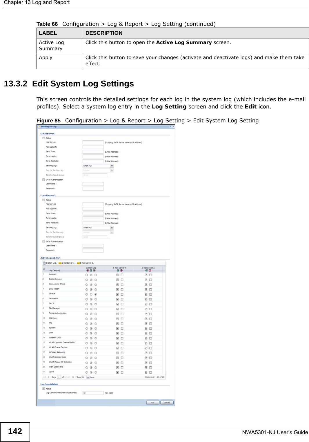 Chapter 13 Log and ReportNWA5301-NJ User’s Guide14213.3.2  Edit System Log Settings This screen controls the detailed settings for each log in the system log (which includes the e-mail profiles). Select a system log entry in the Log Setting screen and click the Edit icon.Figure 85   Configuration &gt; Log &amp; Report &gt; Log Setting &gt; Edit System Log Setting  Active Log SummaryClick this button to open the Active Log Summary screen.Apply Click this button to save your changes (activate and deactivate logs) and make them take effect.Table 66   Configuration &gt; Log &amp; Report &gt; Log Setting (continued)LABEL DESCRIPTION
