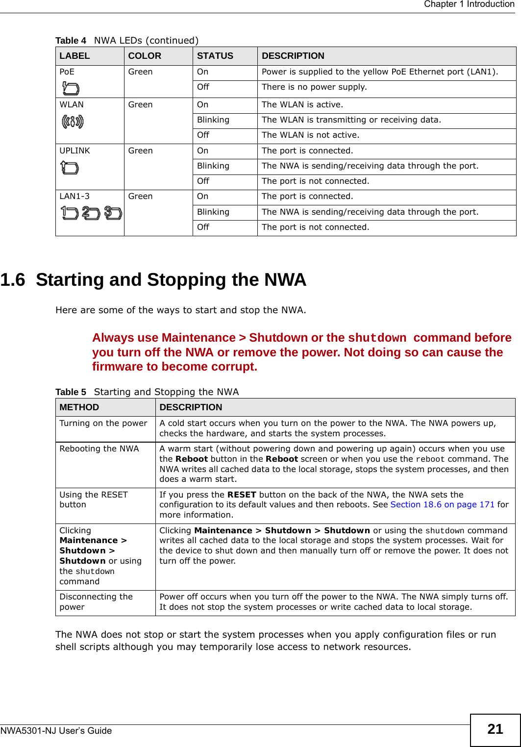  Chapter 1 IntroductionNWA5301-NJ User’s Guide 211.6  Starting and Stopping the NWAHere are some of the ways to start and stop the NWA.Always use Maintenance &gt; Shutdown or the shutdown command before you turn off the NWA or remove the power. Not doing so can cause the firmware to become corrupt.  The NWA does not stop or start the system processes when you apply configuration files or run shell scripts although you may temporarily lose access to network resources.PoE Green On Power is supplied to the yellow PoE Ethernet port (LAN1).Off There is no power supply.WLAN Green On The WLAN is active.Blinking The WLAN is transmitting or receiving data.Off The WLAN is not active.UPLINK Green On The port is connected.Blinking The NWA is sending/receiving data through the port.Off The port is not connected. LAN1-3 Green On The port is connected.Blinking The NWA is sending/receiving data through the port.Off The port is not connected.Table 4   NWA LEDs (continued)LABEL COLOR STATUS DESCRIPTIONTable 5   Starting and Stopping the NWAMETHOD DESCRIPTIONTurning on the power A cold start occurs when you turn on the power to the NWA. The NWA powers up, checks the hardware, and starts the system processes.Rebooting the NWA A warm start (without powering down and powering up again) occurs when you use the Reboot button in the Reboot screen or when you use the reboot command. The NWA writes all cached data to the local storage, stops the system processes, and then does a warm start. Using the RESET buttonIf you press the RESET button on the back of the NWA, the NWA sets the configuration to its default values and then reboots. See Section 18.6 on page 171 for more information.Clicking Maintenance &gt; Shutdown &gt; Shutdown or using the shutdown commandClicking Maintenance &gt; Shutdown &gt; Shutdown or using the shutdown command writes all cached data to the local storage and stops the system processes. Wait for the device to shut down and then manually turn off or remove the power. It does not turn off the power. Disconnecting the powerPower off occurs when you turn off the power to the NWA. The NWA simply turns off. It does not stop the system processes or write cached data to local storage. 