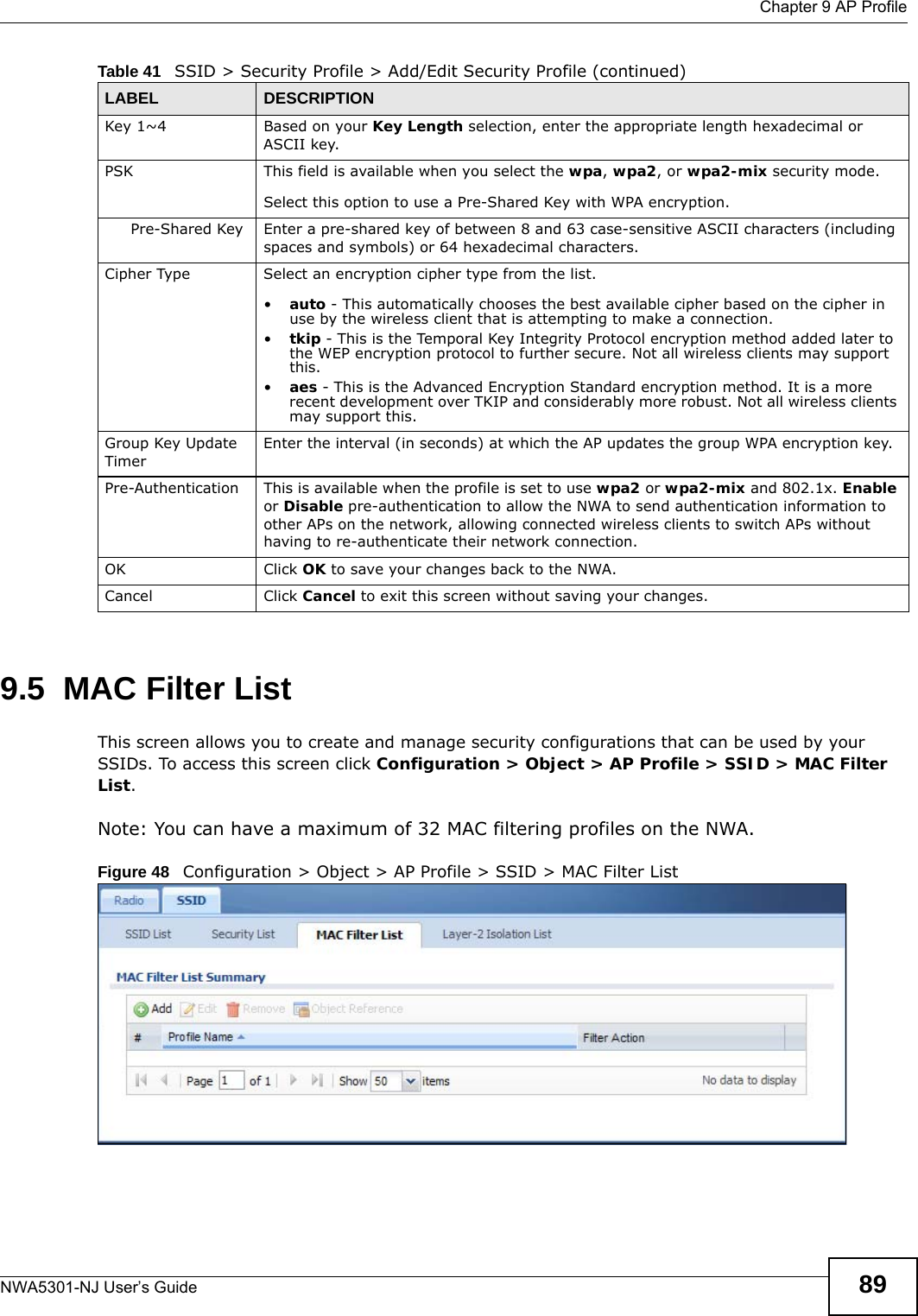  Chapter 9 AP ProfileNWA5301-NJ User’s Guide 899.5  MAC Filter ListThis screen allows you to create and manage security configurations that can be used by your SSIDs. To access this screen click Configuration &gt; Object &gt; AP Profile &gt; SSID &gt; MAC Filter List.Note: You can have a maximum of 32 MAC filtering profiles on the NWA.Figure 48   Configuration &gt; Object &gt; AP Profile &gt; SSID &gt; MAC Filter ListKey 1~4 Based on your Key Length selection, enter the appropriate length hexadecimal or ASCII key.PSK This field is available when you select the wpa, wpa2, or wpa2-mix security mode.Select this option to use a Pre-Shared Key with WPA encryption.Pre-Shared Key Enter a pre-shared key of between 8 and 63 case-sensitive ASCII characters (including spaces and symbols) or 64 hexadecimal characters.Cipher Type Select an encryption cipher type from the list. •auto - This automatically chooses the best available cipher based on the cipher in use by the wireless client that is attempting to make a connection.•tkip - This is the Temporal Key Integrity Protocol encryption method added later to the WEP encryption protocol to further secure. Not all wireless clients may support this.•aes - This is the Advanced Encryption Standard encryption method. It is a more recent development over TKIP and considerably more robust. Not all wireless clients may support this.Group Key Update TimerEnter the interval (in seconds) at which the AP updates the group WPA encryption key.Pre-Authentication This is available when the profile is set to use wpa2 or wpa2-mix and 802.1x. Enable or Disable pre-authentication to allow the NWA to send authentication information to other APs on the network, allowing connected wireless clients to switch APs without having to re-authenticate their network connection.OK Click OK to save your changes back to the NWA.Cancel Click Cancel to exit this screen without saving your changes.Table 41   SSID &gt; Security Profile &gt; Add/Edit Security Profile (continued)LABEL DESCRIPTION