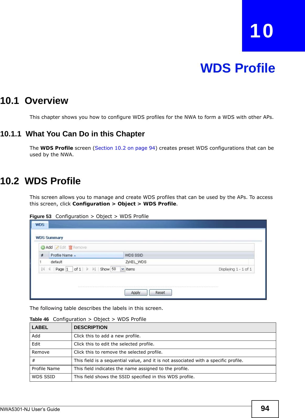 NWA5301-NJ User’s Guide 94CHAPTER   10WDS Profile10.1  OverviewThis chapter shows you how to configure WDS profiles for the NWA to form a WDS with other APs.10.1.1  What You Can Do in this ChapterThe WDS Profile screen (Section 10.2 on page 94) creates preset WDS configurations that can be used by the NWA.10.2  WDS Profile This screen allows you to manage and create WDS profiles that can be used by the APs. To access this screen, click Configuration &gt; Object &gt; WDS Profile.Figure 53   Configuration &gt; Object &gt; WDS ProfileThe following table describes the labels in this screen.  Table 46   Configuration &gt; Object &gt; WDS ProfileLABEL DESCRIPTIONAdd Click this to add a new profile.Edit Click this to edit the selected profile.Remove Click this to remove the selected profile.# This field is a sequential value, and it is not associated with a specific profile.Profile Name This field indicates the name assigned to the profile.WDS SSID This field shows the SSID specified in this WDS profile.