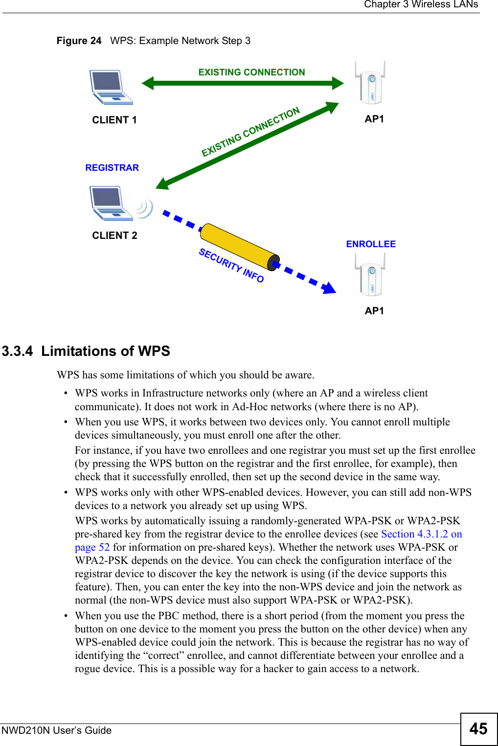  Chapter 3 Wireless LANsNWD210N User’s Guide 45Figure 24   WPS: Example Network Step 33.3.4  Limitations of WPSWPS has some limitations of which you should be aware. • WPS works in Infrastructure networks only (where an AP and a wireless client communicate). It does not work in Ad-Hoc networks (where there is no AP).• When you use WPS, it works between two devices only. You cannot enroll multiple devices simultaneously, you must enroll one after the other. For instance, if you have two enrollees and one registrar you must set up the first enrollee (by pressing the WPS button on the registrar and the first enrollee, for example), then check that it successfully enrolled, then set up the second device in the same way.• WPS works only with other WPS-enabled devices. However, you can still add non-WPS devices to a network you already set up using WPS. WPS works by automatically issuing a randomly-generated WPA-PSK or WPA2-PSK pre-shared key from the registrar device to the enrollee devices (see Section 4.3.1.2 on page 52 for information on pre-shared keys). Whether the network uses WPA-PSK or WPA2-PSK depends on the device. You can check the configuration interface of the registrar device to discover the key the network is using (if the device supports this feature). Then, you can enter the key into the non-WPS device and join the network as normal (the non-WPS device must also support WPA-PSK or WPA2-PSK).• When you use the PBC method, there is a short period (from the moment you press the button on one device to the moment you press the button on the other device) when any WPS-enabled device could join the network. This is because the registrar has no way of identifying the “correct” enrollee, and cannot differentiate between your enrollee and a rogue device. This is a possible way for a hacker to gain access to a network.CLIENT 1 AP1REGISTRARCLIENT 2EXISTING CONNECTIONSECURITY INFOENROLLEEAP1EXISTING CONNECTION