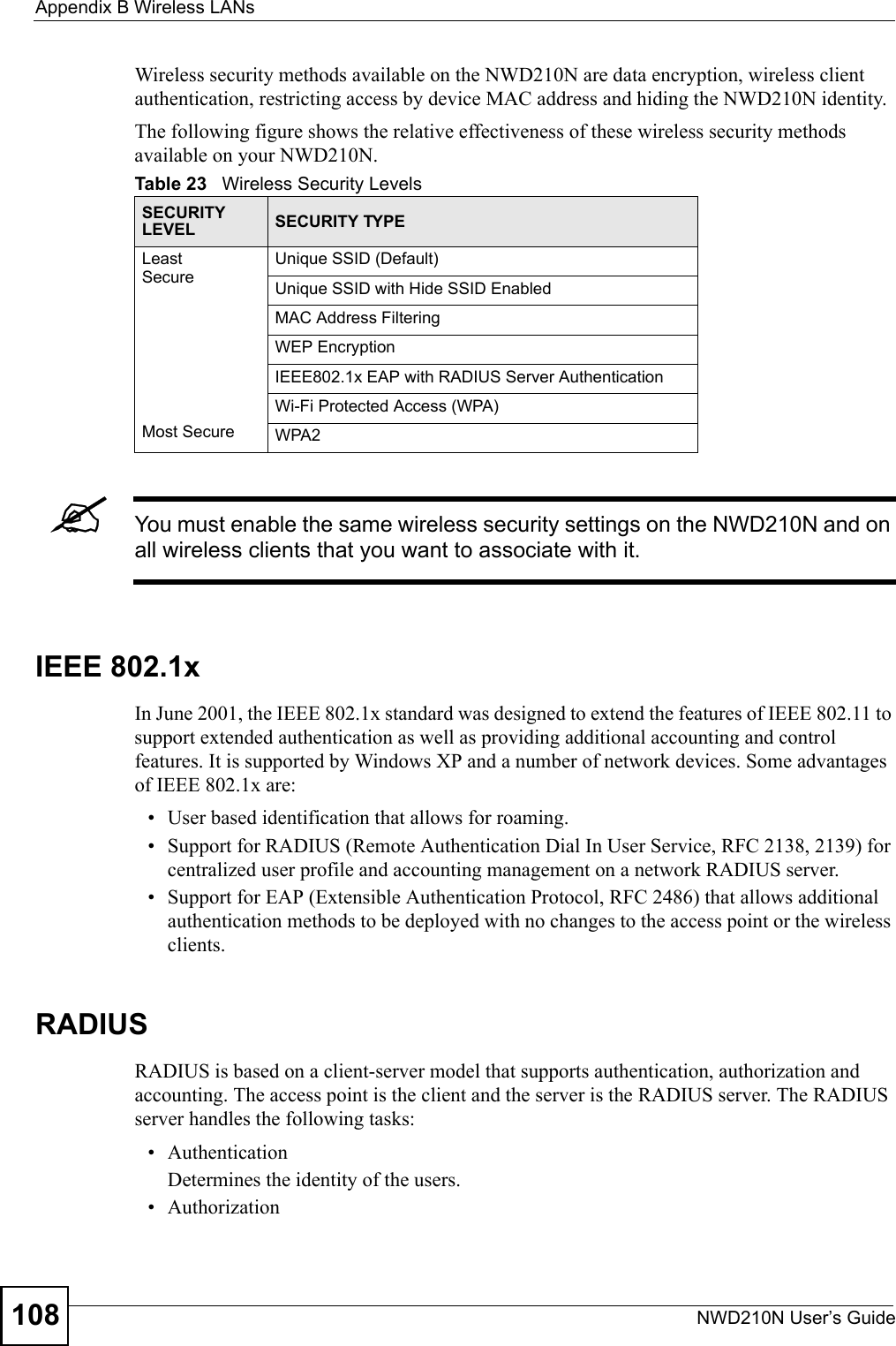 Appendix B Wireless LANsNWD210N User’s Guide108Wireless security methods available on the NWD210N are data encryption, wireless client authentication, restricting access by device MAC address and hiding the NWD210N identity.The following figure shows the relative effectiveness of these wireless security methods available on your NWD210N.&quot;You must enable the same wireless security settings on the NWD210N and on all wireless clients that you want to associate with it. IEEE 802.1xIn June 2001, the IEEE 802.1x standard was designed to extend the features of IEEE 802.11 to support extended authentication as well as providing additional accounting and control features. It is supported by Windows XP and a number of network devices. Some advantages of IEEE 802.1x are:• User based identification that allows for roaming.• Support for RADIUS (Remote Authentication Dial In User Service, RFC 2138, 2139) for centralized user profile and accounting management on a network RADIUS server. • Support for EAP (Extensible Authentication Protocol, RFC 2486) that allows additional authentication methods to be deployed with no changes to the access point or the wireless clients. RADIUSRADIUS is based on a client-server model that supports authentication, authorization and accounting. The access point is the client and the server is the RADIUS server. The RADIUS server handles the following tasks:• Authentication Determines the identity of the users.• AuthorizationTable 23   Wireless Security LevelsSECURITY LEVEL SECURITY TYPELeast       S e c u r e                                                                                      Most SecureUnique SSID (Default)Unique SSID with Hide SSID EnabledMAC Address FilteringWEP EncryptionIEEE802.1x EAP with RADIUS Server AuthenticationWi-Fi Protected Access (WPA)WPA2