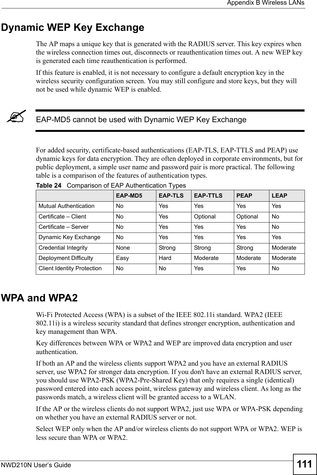  Appendix B Wireless LANsNWD210N User’s Guide 111Dynamic WEP Key ExchangeThe AP maps a unique key that is generated with the RADIUS server. This key expires when the wireless connection times out, disconnects or reauthentication times out. A new WEP key is generated each time reauthentication is performed.If this feature is enabled, it is not necessary to configure a default encryption key in the wireless security configuration screen. You may still configure and store keys, but they will not be used while dynamic WEP is enabled.&quot;EAP-MD5 cannot be used with Dynamic WEP Key ExchangeFor added security, certificate-based authentications (EAP-TLS, EAP-TTLS and PEAP) use dynamic keys for data encryption. They are often deployed in corporate environments, but for public deployment, a simple user name and password pair is more practical. The following table is a comparison of the features of authentication types.WPA and WPA2Wi-Fi Protected Access (WPA) is a subset of the IEEE 802.11i standard. WPA2 (IEEE 802.11i) is a wireless security standard that defines stronger encryption, authentication and key management than WPA. Key differences between WPA or WPA2 and WEP are improved data encryption and user authentication.If both an AP and the wireless clients support WPA2 and you have an external RADIUS server, use WPA2 for stronger data encryption. If you don&apos;t have an external RADIUS server, you should use WPA2-PSK (WPA2-Pre-Shared Key) that only requires a single (identical) password entered into each access point, wireless gateway and wireless client. As long as the passwords match, a wireless client will be granted access to a WLAN. If the AP or the wireless clients do not support WPA2, just use WPA or WPA-PSK depending on whether you have an external RADIUS server or not.Select WEP only when the AP and/or wireless clients do not support WPA or WPA2. WEP is less secure than WPA or WPA2.Table 24   Comparison of EAP Authentication TypesEAP-MD5 EAP-TLS EAP-TTLS PEAP LEAPMutual Authentication No Yes Yes Yes YesCertificate – Client No Yes Optional Optional NoCertificate – Server No Yes Yes Yes NoDynamic Key Exchange No Yes Yes Yes YesCredential Integrity None Strong Strong Strong ModerateDeployment Difficulty Easy Hard Moderate Moderate ModerateClient Identity Protection No No Yes Yes No