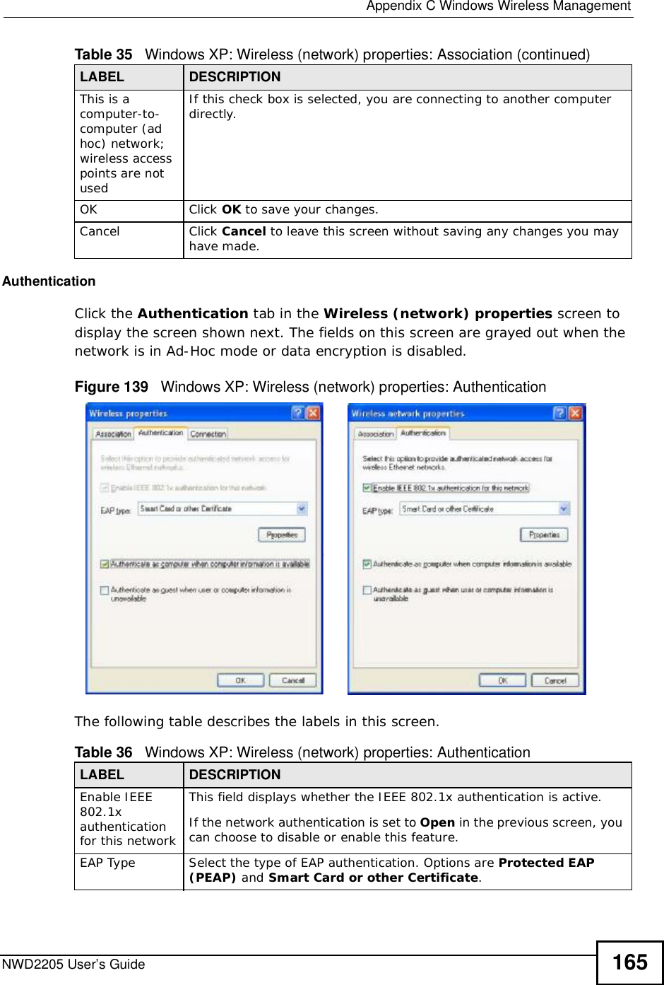  Appendix CWindows Wireless ManagementNWD2205 User’s Guide 165AuthenticationClick the Authentication tab in the Wireless (network) properties screen to display the screen shown next. The fields on this screen are grayed out when the network is in Ad-Hoc mode or data encryption is disabled.Figure 139   Windows XP: Wireless (network) properties: AuthenticationThe following table describes the labels in this screen.This is a computer-to-computer (ad hoc) network; wireless access points are not usedIf this check box is selected, you are connecting to another computer directly.OKClick OK to save your changes.CancelClick Cancel to leave this screen without saving any changes you may have made.Table 35   Windows XP: Wireless (network) properties: Association (continued)LABEL DESCRIPTIONTable 36   Windows XP: Wireless (network) properties: AuthenticationLABEL DESCRIPTIONEnable IEEE 802.1x authentication for this networkThis field displays whether the IEEE 802.1x authentication is active.If the network authentication is set to Open in the previous screen, you can choose to disable or enable this feature.EAP TypeSelect the type of EAP authentication. Options are Protected EAP (PEAP) and Smart Card or other Certificate.