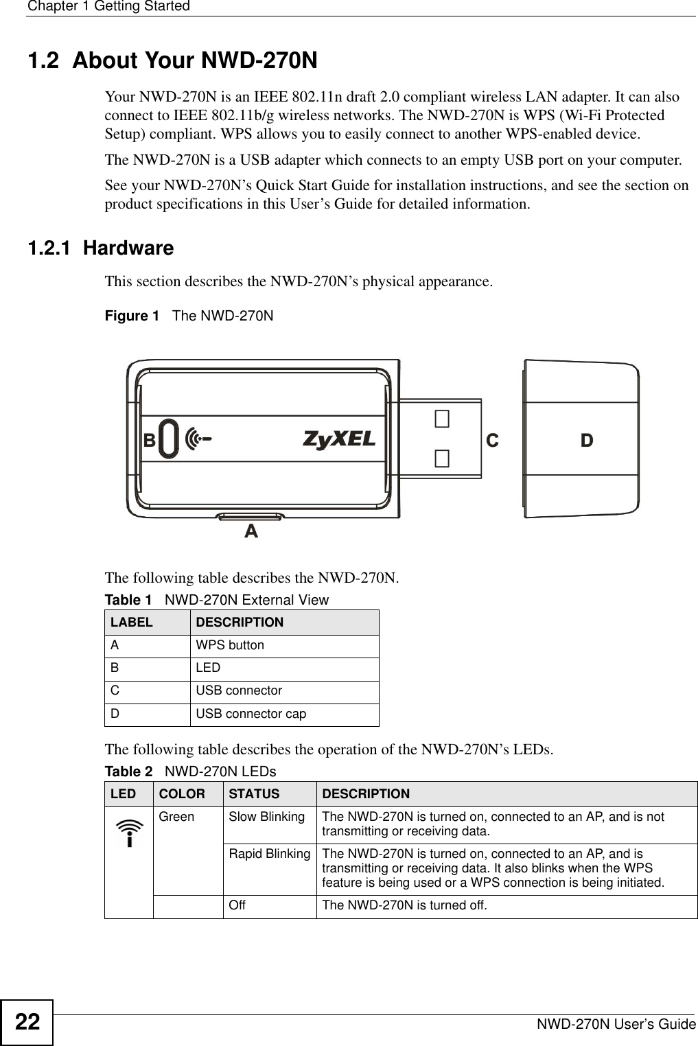 Chapter 1 Getting StartedNWD-270N User’s Guide221.2  About Your NWD-270N    Your NWD-270N is an IEEE 802.11n draft 2.0 compliant wireless LAN adapter. It can also connect to IEEE 802.11b/g wireless networks. The NWD-270N is WPS (Wi-Fi Protected Setup) compliant. WPS allows you to easily connect to another WPS-enabled device. The NWD-270N is a USB adapter which connects to an empty USB port on your computer.See your NWD-270N’s Quick Start Guide for installation instructions, and see the section on product specifications in this User’s Guide for detailed information.1.2.1  HardwareThis section describes the NWD-270N’s physical appearance.Figure 1   The NWD-270NThe following table describes the NWD-270N.The following table describes the operation of the NWD-270N’s LEDs.Table 1   NWD-270N External ViewLABEL DESCRIPTIONA WPS buttonBLEDC USB connectorD USB connector capTable 2   NWD-270N LEDsLED COLOR STATUS DESCRIPTIONGreen Slow Blinking The NWD-270N is turned on, connected to an AP, and is not transmitting or receiving data.Rapid Blinking The NWD-270N is turned on, connected to an AP, and is transmitting or receiving data. It also blinks when the WPS feature is being used or a WPS connection is being initiated.Off The NWD-270N is turned off.