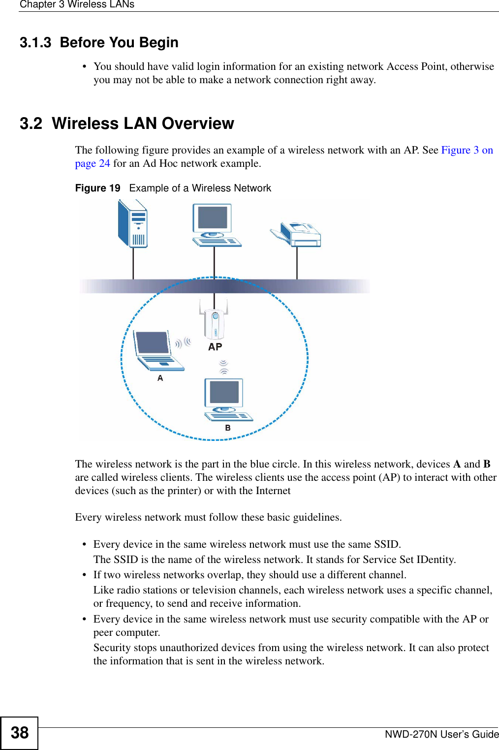 Chapter 3 Wireless LANsNWD-270N User’s Guide383.1.3  Before You Begin• You should have valid login information for an existing network Access Point, otherwise you may not be able to make a network connection right away.3.2  Wireless LAN Overview The following figure provides an example of a wireless network with an AP. See Figure 3 on page 24 for an Ad Hoc network example.Figure 19   Example of a Wireless NetworkThe wireless network is the part in the blue circle. In this wireless network, devices A and B are called wireless clients. The wireless clients use the access point (AP) to interact with other devices (such as the printer) or with the InternetEvery wireless network must follow these basic guidelines.• Every device in the same wireless network must use the same SSID.The SSID is the name of the wireless network. It stands for Service Set IDentity.• If two wireless networks overlap, they should use a different channel.Like radio stations or television channels, each wireless network uses a specific channel, or frequency, to send and receive information.• Every device in the same wireless network must use security compatible with the AP or peer computer.Security stops unauthorized devices from using the wireless network. It can also protect the information that is sent in the wireless network.