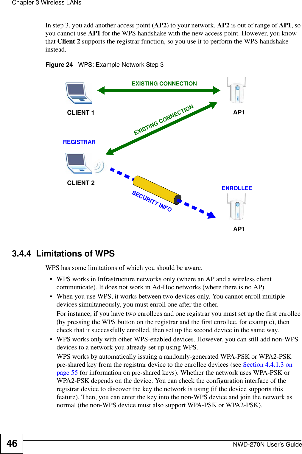 Chapter 3 Wireless LANsNWD-270N User’s Guide46In step 3, you add another access point (AP2) to your network. AP2 is out of range of AP1, so you cannot use AP1 for the WPS handshake with the new access point. However, you know that Client 2 supports the registrar function, so you use it to perform the WPS handshake instead.Figure 24   WPS: Example Network Step 33.4.4  Limitations of WPSWPS has some limitations of which you should be aware. • WPS works in Infrastructure networks only (where an AP and a wireless client communicate). It does not work in Ad-Hoc networks (where there is no AP).• When you use WPS, it works between two devices only. You cannot enroll multiple devices simultaneously, you must enroll one after the other. For instance, if you have two enrollees and one registrar you must set up the first enrollee (by pressing the WPS button on the registrar and the first enrollee, for example), then check that it successfully enrolled, then set up the second device in the same way.• WPS works only with other WPS-enabled devices. However, you can still add non-WPS devices to a network you already set up using WPS. WPS works by automatically issuing a randomly-generated WPA-PSK or WPA2-PSK pre-shared key from the registrar device to the enrollee devices (see Section 4.4.1.3 on page 55 for information on pre-shared keys). Whether the network uses WPA-PSK or WPA2-PSK depends on the device. You can check the configuration interface of the registrar device to discover the key the network is using (if the device supports this feature). Then, you can enter the key into the non-WPS device and join the network as normal (the non-WPS device must also support WPA-PSK or WPA2-PSK).CLIENT 1 AP1REGISTRARCLIENT 2EXISTING CONNECTIONSECURITY INFOENROLLEEAP1EXISTING CONNECTION