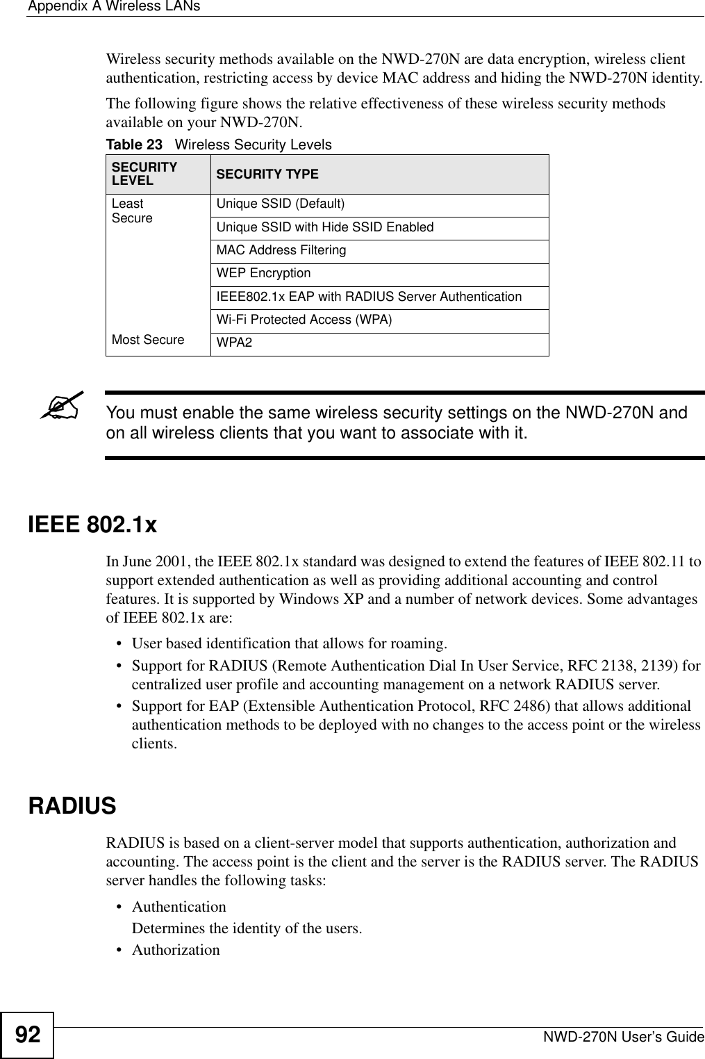 Appendix A Wireless LANsNWD-270N User’s Guide92Wireless security methods available on the NWD-270N are data encryption, wireless client authentication, restricting access by device MAC address and hiding the NWD-270N identity.The following figure shows the relative effectiveness of these wireless security methods available on your NWD-270N.&quot;You must enable the same wireless security settings on the NWD-270N and on all wireless clients that you want to associate with it. IEEE 802.1xIn June 2001, the IEEE 802.1x standard was designed to extend the features of IEEE 802.11 to support extended authentication as well as providing additional accounting and control features. It is supported by Windows XP and a number of network devices. Some advantages of IEEE 802.1x are:• User based identification that allows for roaming.• Support for RADIUS (Remote Authentication Dial In User Service, RFC 2138, 2139) for centralized user profile and accounting management on a network RADIUS server. • Support for EAP (Extensible Authentication Protocol, RFC 2486) that allows additional authentication methods to be deployed with no changes to the access point or the wireless clients. RADIUSRADIUS is based on a client-server model that supports authentication, authorization and accounting. The access point is the client and the server is the RADIUS server. The RADIUS server handles the following tasks:• Authentication Determines the identity of the users.• AuthorizationTable 23   Wireless Security LevelsSECURITY LEVEL SECURITY TYPELeast       S e c u r e                                                                                      Most SecureUnique SSID (Default)Unique SSID with Hide SSID EnabledMAC Address FilteringWEP EncryptionIEEE802.1x EAP with RADIUS Server AuthenticationWi-Fi Protected Access (WPA)WPA2