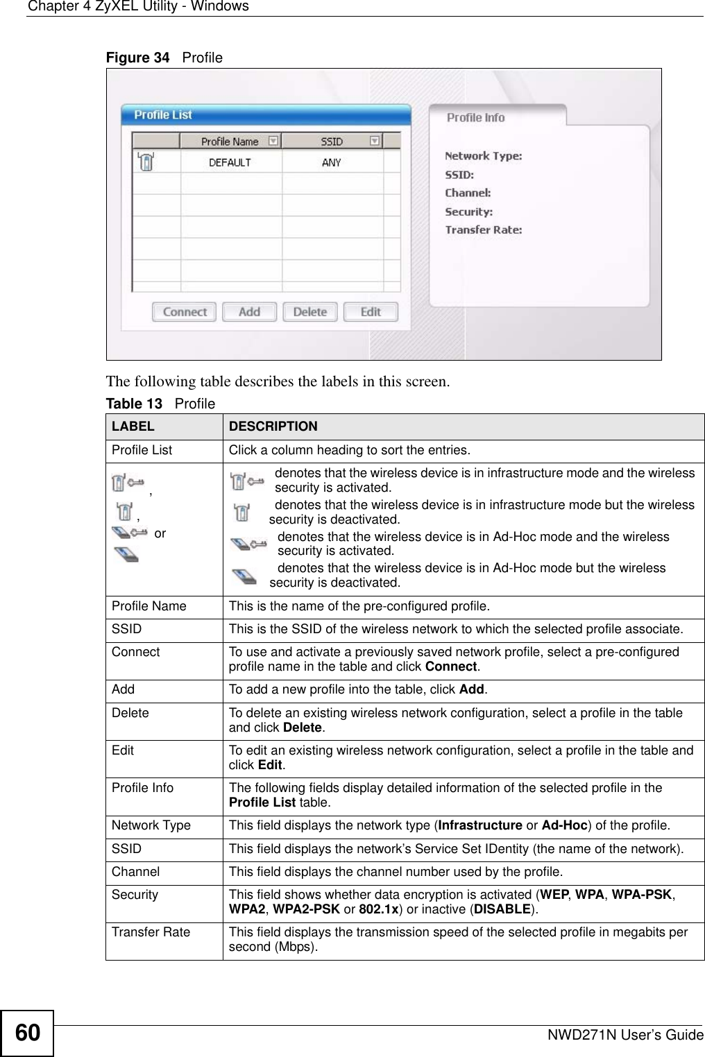 Chapter 4 ZyXEL Utility - WindowsNWD271N User’s Guide60Figure 34   Profile  The following table describes the labels in this screen. Table 13   Profile LABEL DESCRIPTIONProfile List Click a column heading to sort the entries.,, ordenotes that the wireless device is in infrastructure mode and the wireless security is activated.denotes that the wireless device is in infrastructure mode but the wireless security is deactivated.denotes that the wireless device is in Ad-Hoc mode and the wireless security is activated.denotes that the wireless device is in Ad-Hoc mode but the wireless security is deactivated.Profile Name This is the name of the pre-configured profile.SSID This is the SSID of the wireless network to which the selected profile associate.Connect  To use and activate a previously saved network profile, select a pre-configured profile name in the table and click Connect.Add  To add a new profile into the table, click Add.Delete To delete an existing wireless network configuration, select a profile in the table and click Delete.Edit To edit an existing wireless network configuration, select a profile in the table and click Edit.Profile Info The following fields display detailed information of the selected profile in the Profile List table.Network Type This field displays the network type (Infrastructure or Ad-Hoc) of the profile.SSID This field displays the network’s Service Set IDentity (the name of the network).Channel This field displays the channel number used by the profile.Security This field shows whether data encryption is activated (WEP, WPA, WPA-PSK, WPA2, WPA2-PSK or 802.1x) or inactive (DISABLE).Transfer Rate This field displays the transmission speed of the selected profile in megabits per second (Mbps).