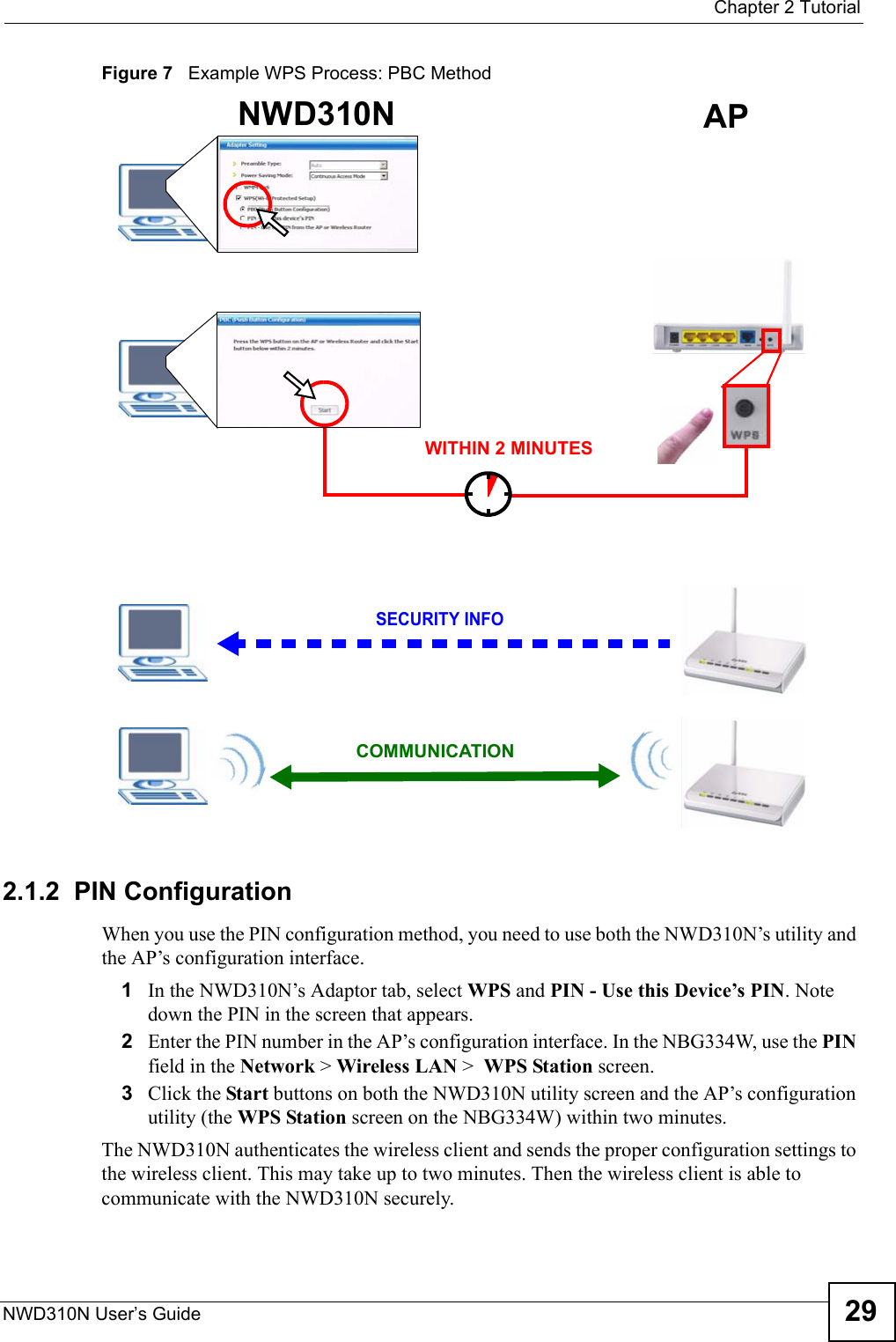  Chapter 2 TutorialNWD310N User’s Guide 29Figure 7   Example WPS Process: PBC Method2.1.2  PIN ConfigurationWhen you use the PIN configuration method, you need to use both the NWD310N’s utility and the AP’s configuration interface.1In the NWD310N’s Adaptor tab, select WPS and PIN - Use this Device’s PIN. Note down the PIN in the screen that appears. 2Enter the PIN number in the AP’s configuration interface. In the NBG334W, use the PIN field in the Network &gt; Wireless LAN &gt;  WPS Station screen. 3Click the Start buttons on both the NWD310N utility screen and the AP’s configuration utility (the WPS Station screen on the NBG334W) within two minutes. The NWD310N authenticates the wireless client and sends the proper configuration settings to the wireless client. This may take up to two minutes. Then the wireless client is able to communicate with the NWD310N securely. NWD310N APSECURITY INFOCOMMUNICATIONWITHIN 2 MINUTES