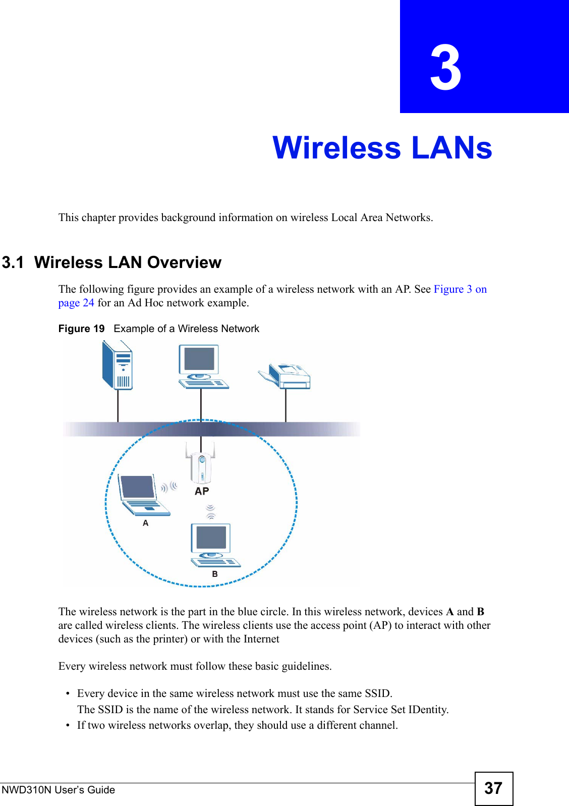 NWD310N User’s Guide 37CHAPTER  3 Wireless LANsThis chapter provides background information on wireless Local Area Networks.3.1  Wireless LAN Overview The following figure provides an example of a wireless network with an AP. See Figure 3 on page 24 for an Ad Hoc network example.Figure 19   Example of a Wireless NetworkThe wireless network is the part in the blue circle. In this wireless network, devices A and B are called wireless clients. The wireless clients use the access point (AP) to interact with other devices (such as the printer) or with the InternetEvery wireless network must follow these basic guidelines.• Every device in the same wireless network must use the same SSID.The SSID is the name of the wireless network. It stands for Service Set IDentity.• If two wireless networks overlap, they should use a different channel.