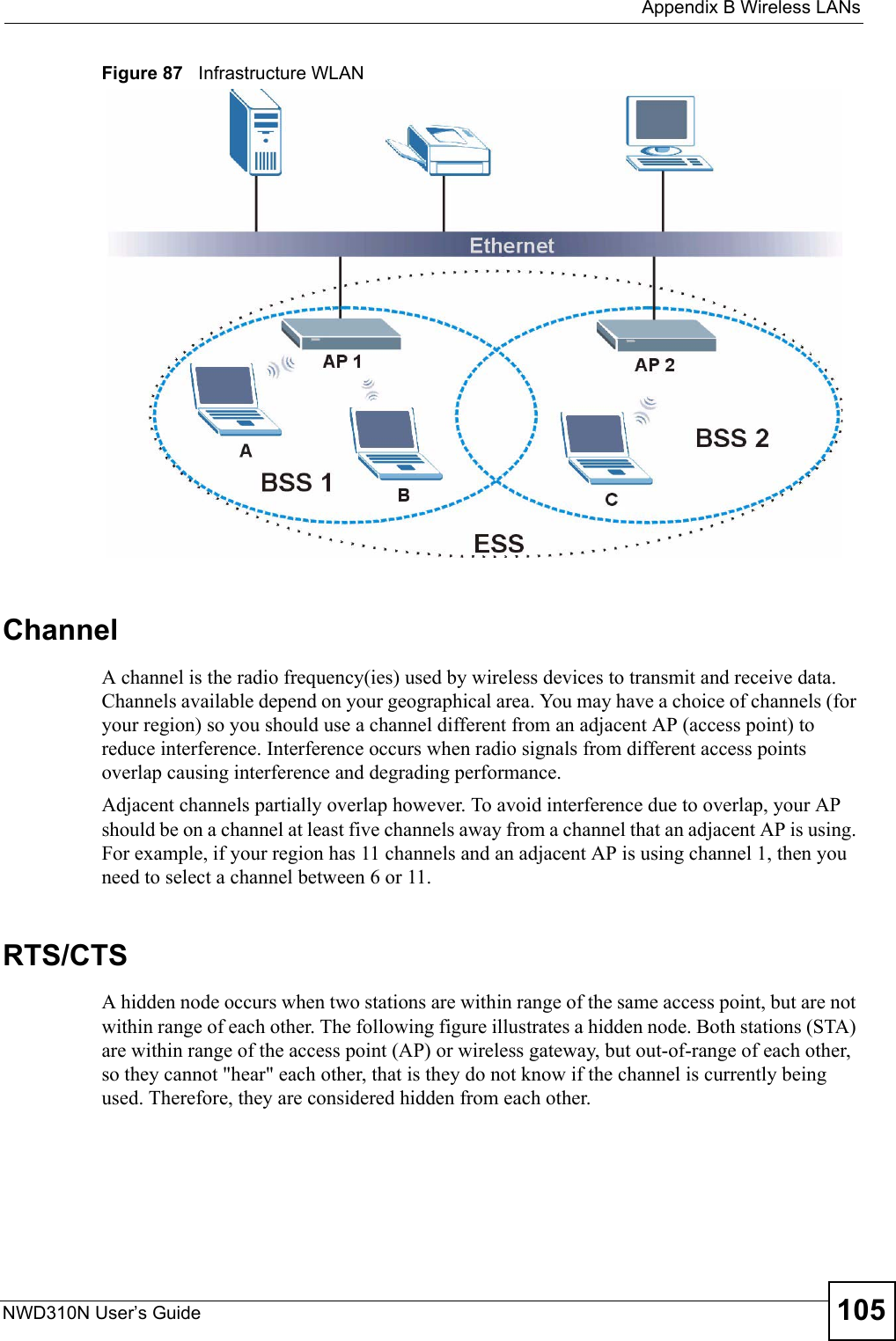  Appendix B Wireless LANsNWD310N User’s Guide 105Figure 87   Infrastructure WLANChannelA channel is the radio frequency(ies) used by wireless devices to transmit and receive data. Channels available depend on your geographical area. You may have a choice of channels (for your region) so you should use a channel different from an adjacent AP (access point) to reduce interference. Interference occurs when radio signals from different access points overlap causing interference and degrading performance.Adjacent channels partially overlap however. To avoid interference due to overlap, your AP should be on a channel at least five channels away from a channel that an adjacent AP is using. For example, if your region has 11 channels and an adjacent AP is using channel 1, then you need to select a channel between 6 or 11.RTS/CTSA hidden node occurs when two stations are within range of the same access point, but are not within range of each other. The following figure illustrates a hidden node. Both stations (STA) are within range of the access point (AP) or wireless gateway, but out-of-range of each other, so they cannot &quot;hear&quot; each other, that is they do not know if the channel is currently being used. Therefore, they are considered hidden from each other. 