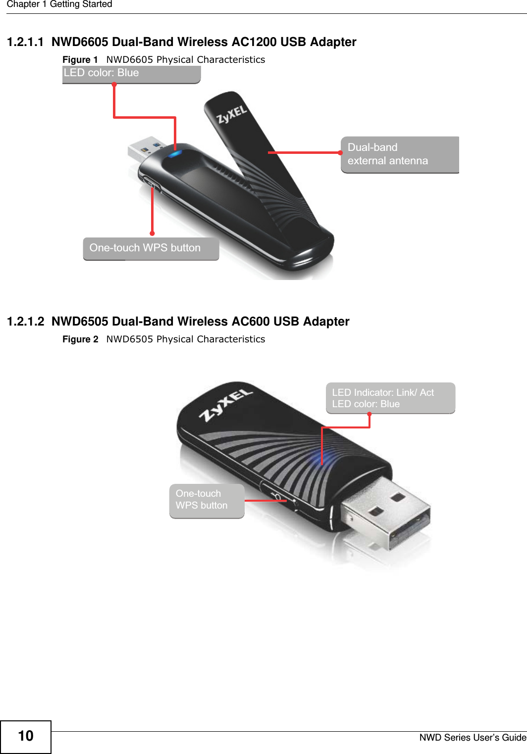 Chapter 1 Getting StartedNWD Series User’s Guide101.2.1.1  NWD6605 Dual-Band Wireless AC1200 USB AdapterFigure 1   NWD6605 Physical Characteristics1.2.1.2  NWD6505 Dual-Band Wireless AC600 USB AdapterFigure 2   NWD6505 Physical CharacteristicsLED color: BlueLED color: BlueDual-band external antennaDual-band external antennaOne-touch WPS buttonOne-touch WPS buttonLED color: BlueLEDcolor:BlueLLLEEEDDDcccooolllooorrr:::BBBllluuueeeLED color: BlueDual-band external antennaDual-bandexternalantennaDDDuuuaaalll-bbbaaannndddeeexxxttteeerrrnnnaaalllaaannnttteeennnnnnaaaDual-band external antennaOne-touch WPS buttonOne-touOOOnnneee-tttooouuuuchWPSbuttonOne-touch WPS buttonLED Indicator: Link/ ActLED color: BlueLEDIndicator:Link/ActLEDcolor:BlueLED Indicator: Link/ ActLED color: BlueOne-touch WPS buttonOne-touchWPSbuttonOne-touch WPS button