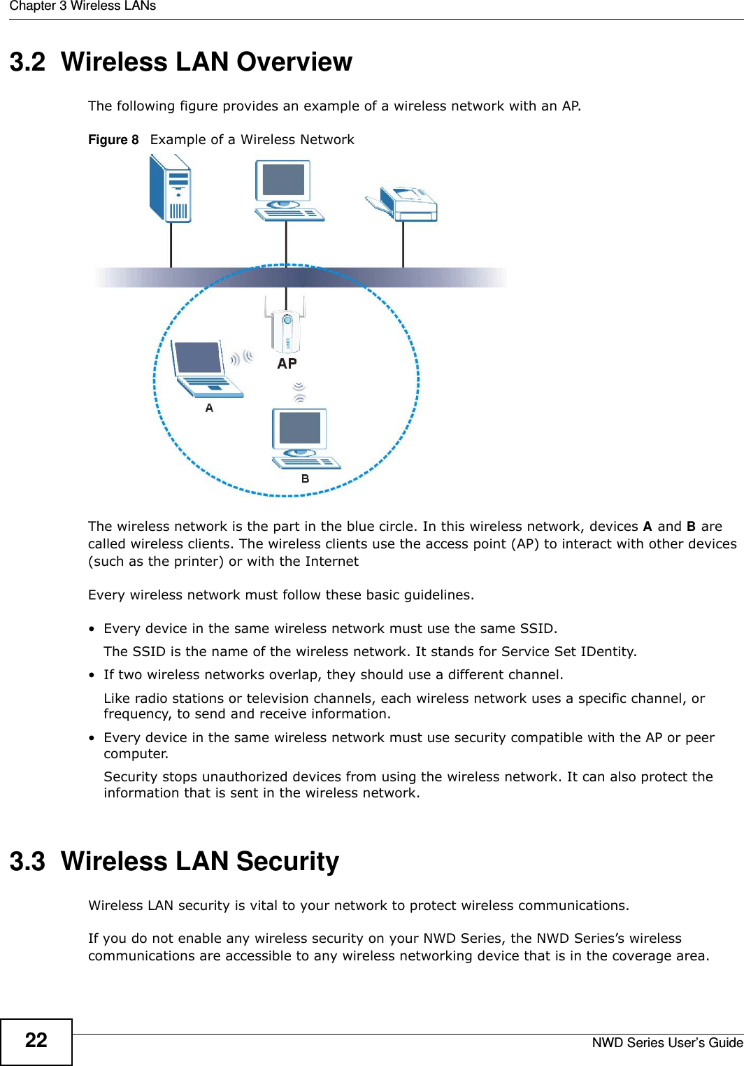 Chapter 3 Wireless LANsNWD Series User’s Guide223.2  Wireless LAN Overview The following figure provides an example of a wireless network with an AP. Figure 8   Example of a Wireless NetworkThe wireless network is the part in the blue circle. In this wireless network, devices A and B are called wireless clients. The wireless clients use the access point (AP) to interact with other devices (such as the printer) or with the InternetEvery wireless network must follow these basic guidelines.• Every device in the same wireless network must use the same SSID.The SSID is the name of the wireless network. It stands for Service Set IDentity.• If two wireless networks overlap, they should use a different channel.Like radio stations or television channels, each wireless network uses a specific channel, or frequency, to send and receive information.• Every device in the same wireless network must use security compatible with the AP or peer computer.Security stops unauthorized devices from using the wireless network. It can also protect the information that is sent in the wireless network.3.3  Wireless LAN Security Wireless LAN security is vital to your network to protect wireless communications.If you do not enable any wireless security on your NWD Series, the NWD Series’s wireless communications are accessible to any wireless networking device that is in the coverage area. 
