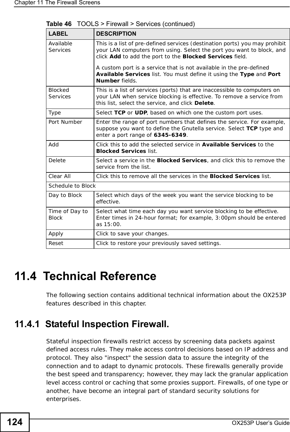 Chapter 11The Firewall ScreensOX253P User’s Guide12411.4  Technical ReferenceThe following section contains additional technical information about the OX253P features described in this chapter.11.4.1  Stateful Inspection Firewall.Stateful inspection firewalls restrict access by screening data packets against defined access rules. They make access control decisions based on IP address and protocol. They also &quot;inspect&quot; the session data to assure the integrity of the connection and to adapt to dynamic protocols. These firewalls generally provide the best speed and transparency; however, they may lack the granular application level access control or caching that some proxies support. Firewalls, of one type or another, have become an integral part of standard security solutions for enterprises.Available Services This is a list of pre-defined services (destination ports) you may prohibit your LAN computers from using. Select the port you want to block, and click Add to add the port to the Blocked Services field.A custom port is a service that is not available in the pre-defined Available Services list. You must define it using the Type and PortNumber fields.Blocked Services This is a list of services (ports) that are inaccessible to computers on your LAN when service blocking is effective. To remove a service from this list, select the service, and click Delete.Type Select TCP or UDP, based on which one the custom port uses.Port Number Enter the range of port numbers that defines the service. For example, suppose you want to define the Gnutella service. Select TCP type and enter a port range of 6345-6349.Add Click this to add the selected service in Available Services to the Blocked Services list.Delete Select a service in the Blocked Services, and click this to remove the service from the list.Clear All Click this to remove all the services in the Blocked Services list.Schedule to BlockDay to Block Select which days of the week you want the service blocking to be effective.Time of Day to Block Select what time each day you want service blocking to be effective. Enter times in 24-hour format; for example, 3:00pm should be entered as 15:00.Apply Click to save your changes.Reset Click to restore your previously saved settings.Table 46   TOOLS &gt; Firewall &gt; Services (continued)LABEL DESCRIPTION