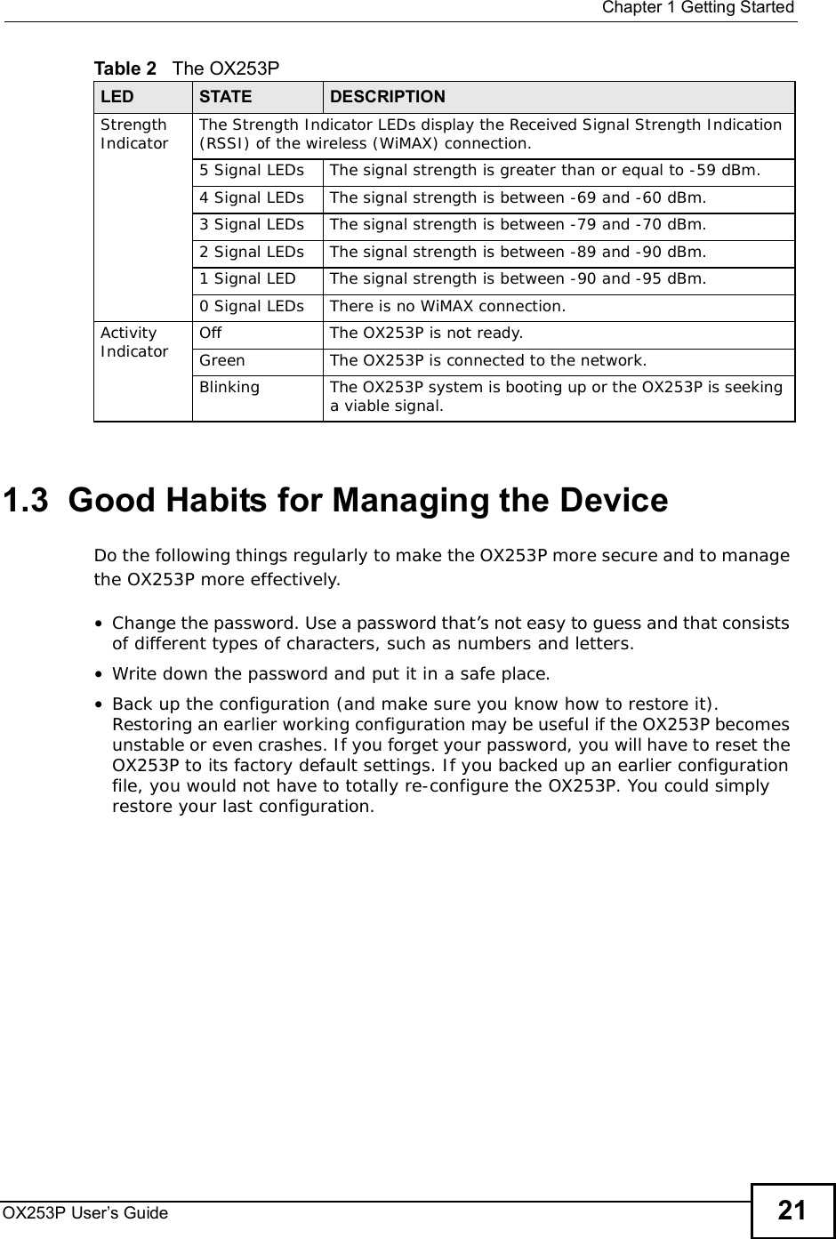  Chapter 1Getting StartedOX253P User’s Guide 211.3  Good Habits for Managing the DeviceDo the following things regularly to make the OX253P more secure and to manage the OX253P more effectively.•Change the password. Use a password that’s not easy to guess and that consists of different types of characters, such as numbers and letters.•Write down the password and put it in a safe place.•Back up the configuration (and make sure you know how to restore it). Restoring an earlier working configuration may be useful if the OX253P becomes unstable or even crashes. If you forget your password, you will have to reset the OX253P to its factory default settings. If you backed up an earlier configuration file, you would not have to totally re-configure the OX253P. You could simply restore your last configuration.StrengthIndicator The Strength Indicator LEDs display the Received Signal Strength Indication (RSSI) of the wireless (WiMAX) connection. 5 Signal LEDsThe signal strength is greater than or equal to -59 dBm.4 Signal LEDsThe signal strength is between -69 and -60 dBm.3 Signal LEDsThe signal strength is between -79 and -70 dBm.2 Signal LEDsThe signal strength is between -89 and -90 dBm.1 Signal LEDThe signal strength is between -90 and -95 dBm.0 Signal LEDsThere is no WiMAX connection.Activity Indicator OffThe OX253P is not ready.GreenThe OX253P is connected to the network.BlinkingThe OX253P system is booting up or the OX253P is seeking a viable signal.Table 2   The OX253PLED STATE DESCRIPTION