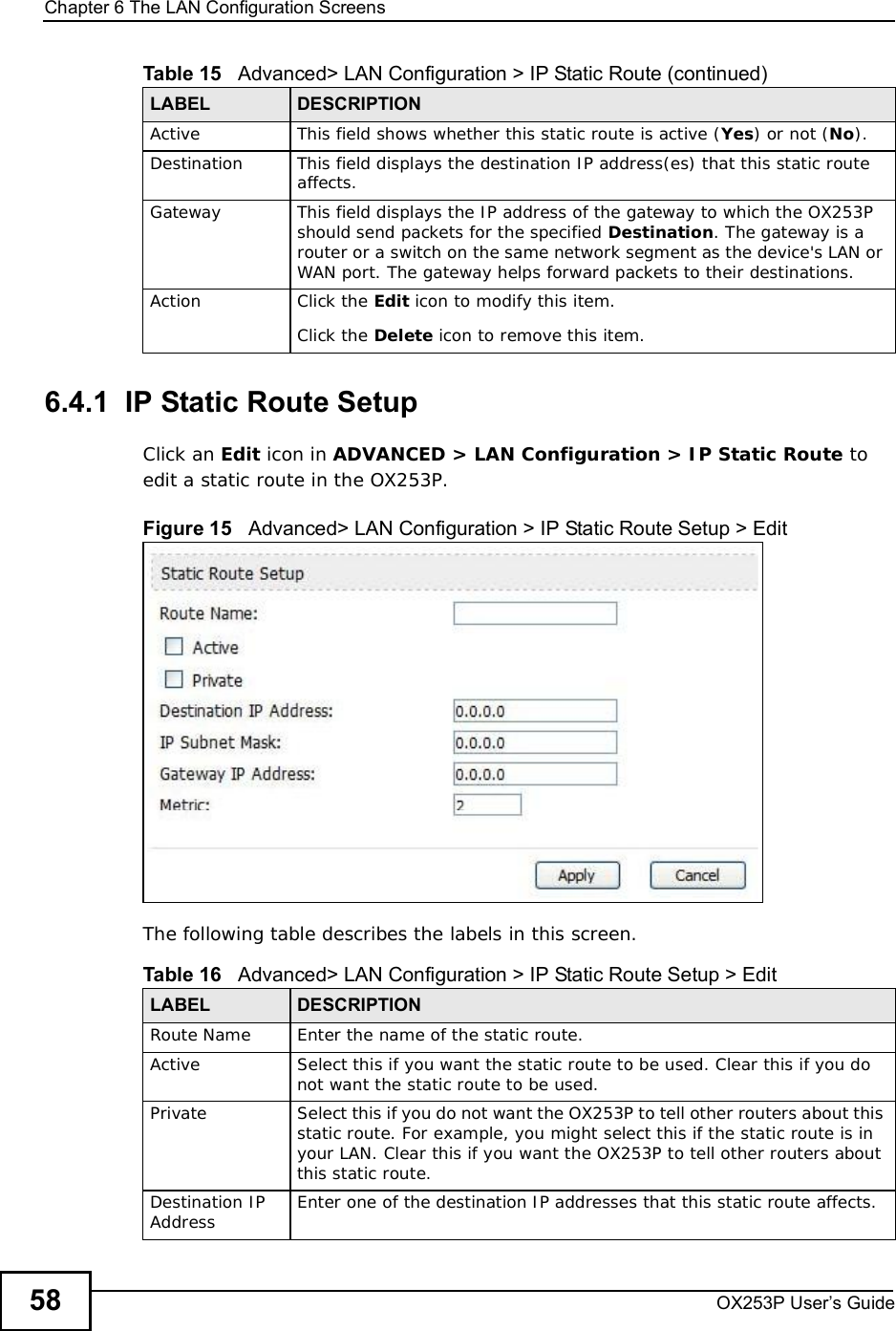 Chapter 6The LAN Configuration ScreensOX253P User’s Guide586.4.1  IP Static Route SetupClick an Edit icon in ADVANCED &gt; LAN Configuration &gt; IP Static Route to edit a static route in the OX253P.Figure 15   Advanced&gt; LAN Configuration &gt; IP Static Route Setup &gt; EditThe following table describes the labels in this screen.Active This field shows whether this static route is active (Yes) or not (No).Destination This field displays the destination IP address(es) that this static route affects.Gateway This field displays the IP address of the gateway to which the OX253P should send packets for the specified Destination. The gateway is a router or a switch on the same network segment as the device&apos;s LAN or WAN port. The gateway helps forward packets to their destinations.Action Click the Edit icon to modify this item.Click the Delete icon to remove this item.Table 15   Advanced&gt; LAN Configuration &gt; IP Static Route (continued)LABEL DESCRIPTIONTable 16   Advanced&gt; LAN Configuration &gt; IP Static Route Setup &gt; EditLABEL DESCRIPTIONRoute Name Enter the name of the static route.Active Select this if you want the static route to be used. Clear this if you do not want the static route to be used.Private Select this if you do not want the OX253P to tell other routers about this static route. For example, you might select this if the static route is in your LAN. Clear this if you want the OX253P to tell other routers about this static route.Destination IP Address Enter one of the destination IP addresses that this static route affects.