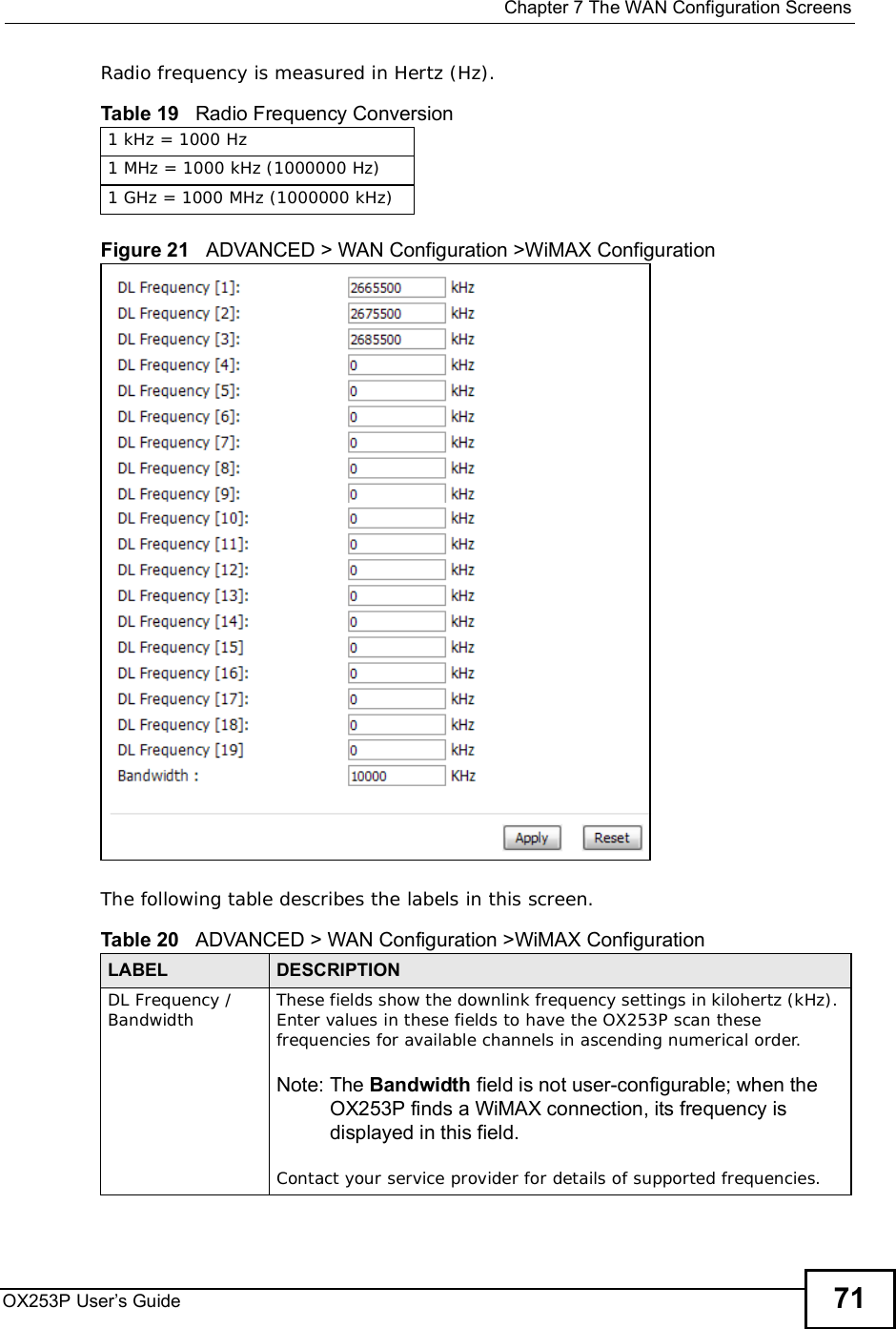  Chapter 7The WAN Configuration ScreensOX253P User’s Guide 71Radio frequency is measured in Hertz (Hz). Figure 21   ADVANCED &gt; WAN Configuration &gt;WiMAX Configuration   The following table describes the labels in this screen.Table 19   Radio Frequency Conversion1 kHz = 1000 Hz1 MHz = 1000 kHz (1000000 Hz)1 GHz = 1000 MHz (1000000 kHz)Table 20   ADVANCED &gt; WAN Configuration &gt;WiMAX ConfigurationLABEL DESCRIPTIONDL Frequency / Bandwidth These fields show the downlink frequency settings in kilohertz (kHz). Enter values in these fields to have the OX253P scan these frequencies for available channels in ascending numerical order.Note: The Bandwidth field is not user-configurable; when the OX253P finds a WiMAX connection, its frequency is displayed in this field.Contact your service provider for details of supported frequencies.