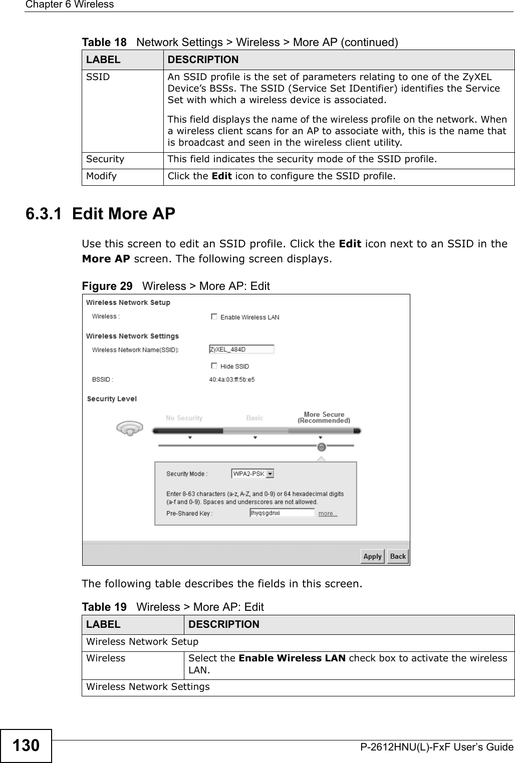 Chapter 6 WirelessP-2612HNU(L)-FxF User’s Guide1306.3.1  Edit More APUse this screen to edit an SSID profile. Click the Edit icon next to an SSID in the More AP screen. The following screen displays.Figure 29   Wireless &gt; More AP: EditThe following table describes the fields in this screen.SSID An SSID profile is the set of parameters relating to one of the ZyXEL Device’s BSSs. The SSID (Service Set IDentifier) identifies the ServiceSet with which a wireless device is associated. This field displays the name of the wireless profile on the network. When a wireless client scans for an AP to associate with, this is the name that is broadcast and seen in the wireless client utility.Security This field indicates the security mode of the SSID profile.Modify  Click the Edit icon to configure the SSID profile.Table 18   Network Settings &gt; Wireless &gt; More AP (continued)LABEL DESCRIPTIONTable 19   Wireless &gt; More AP: EditLABEL DESCRIPTIONWireless Network SetupWireless Select the Enable Wireless LAN check box to activate the wireless LAN.Wireless Network Settings