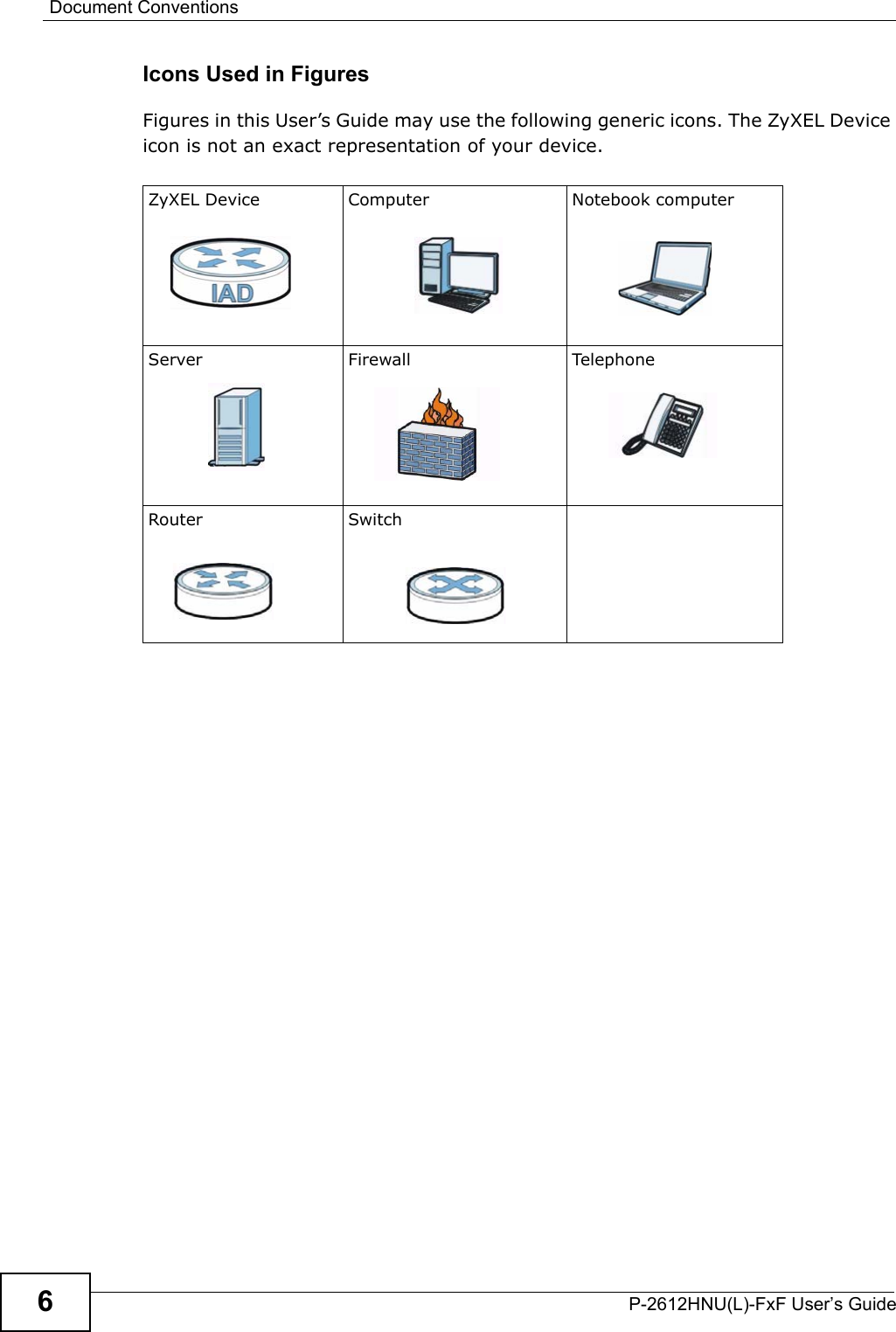 Document ConventionsP-2612HNU(L)-FxF User’s Guide6Icons Used in FiguresFigures in this User’s Guide may use the following generic icons. The ZyXEL Device icon is not an exact representation of your device.ZyXEL Device Computer Notebook computerServer Firewall TelephoneRouter Switch