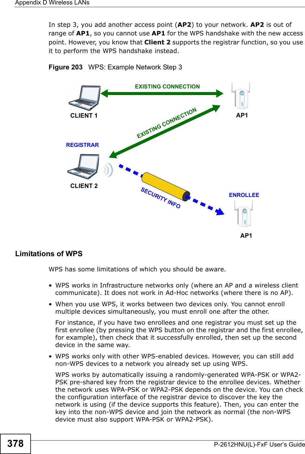 Appendix D Wireless LANsP-2612HNU(L)-FxF User’s Guide378In step 3, you add another access point (AP2) to your network. AP2 is out of range of AP1, so you cannot use AP1 for the WPS handshake with the new access point. However, you know that Client 2 supports the registrar function, so you use it to perform the WPS handshake instead.Figure 203   WPS: Example Network Step 3Limitations of WPSWPS has some limitations of which you should be aware. • WPS works in Infrastructure networks only (where an AP and a wireless client communicate). It does not work in Ad-Hoc networks (where there is no AP).• When you use WPS, it works between two devices only. You cannot enroll multiple devices simultaneously, you must enroll one after the other.For instance, if you have two enrollees and one registrar you must set up the first enrollee (by pressing the WPS button on the registrar and the first enrollee,for example), then check that it successfully enrolled, then set up the second device in the same way.• WPS works only with other WPS-enabled devices. However, you can still add non-WPS devices to a network you already set up using WPS.WPS works by automatically issuing a randomly-generated WPA-PSK or WPA2-PSK pre-shared key from the registrar device to the enrollee devices. Whether the network uses WPA-PSK or WPA2-PSK depends on the device. You can check the configuration interface of the registrar device to discover the key the network is using (if the device supports this feature). Then, you can enter the key into the non-WPS device and join the network as normal (the non-WPS device must also support WPA-PSK or WPA2-PSK).CLIENT 1 AP1REGISTRARCLIENT 2EXISTING CONNECTIONSECURITYINFOENROLLEEAP1EXISTINGCONNECTION