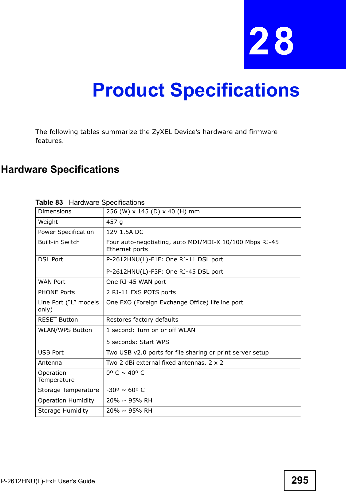 P-2612HNU(L)-FxF User’s Guide 295CHAPTER   28 Product SpecificationsThe following tables summarize the ZyXEL Device’s hardware and firmware features.Hardware SpecificationsTable 83   Hardware SpecificationsDimensions 256 (W) x 145 (D) x 40 (H) mmWeight 457 gPower Specification 12V 1.5A DCBuilt-in Switch Four auto-negotiating, auto MDI/MDI-X 10/100 Mbps RJ-45Ethernet portsDSL Port P-2612HNU(L)-F1F: One RJ-11 DSL portP-2612HNU(L)-F3F: One RJ-45 DSL portWAN Port One RJ-45 WAN portPHONE Ports 2 RJ-11 FXS POTS portsLine Port (“L” models only)One FXO (Foreign Exchange Office) lifeline portRESET Button Restores factory defaultsWLAN/WPS Button 1 second: Turn on or off WLAN5 seconds: Start WPSUSB Port Two USB v2.0 ports for file sharing or print server setupAntenna Two 2 dBi external fixed antennas, 2 x 2 OperationTemperature0º C ~ 40º CStorage Temperature -30º ~ 60º COperation Humidity 20% ~ 95% RHStorage Humidity 20% ~ 95% RH