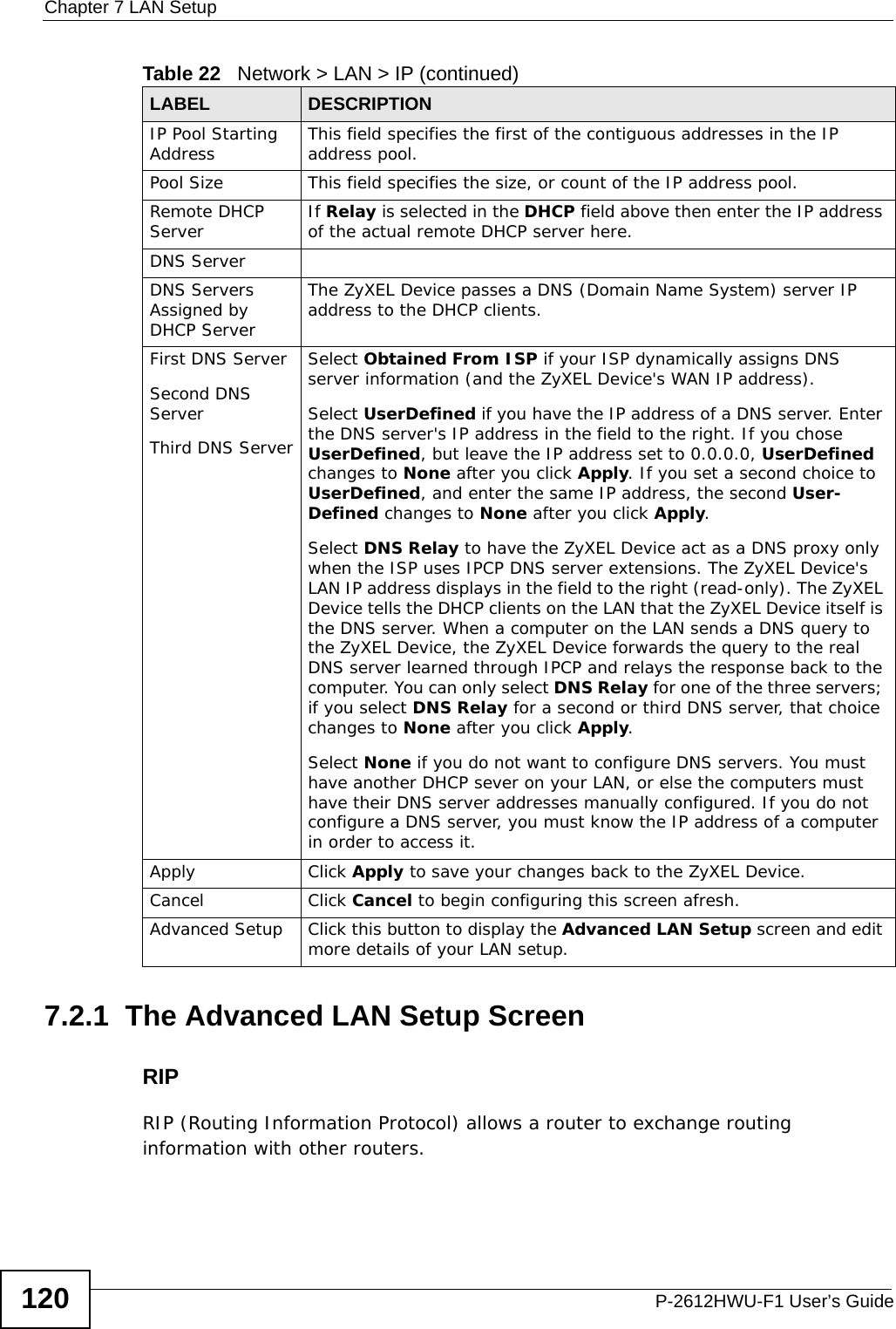 Chapter 7 LAN SetupP-2612HWU-F1 User’s Guide1207.2.1  The Advanced LAN Setup Screen RIPRIP (Routing Information Protocol) allows a router to exchange routing information with other routers.IP Pool Starting Address This field specifies the first of the contiguous addresses in the IP address pool.Pool Size This field specifies the size, or count of the IP address pool.Remote DHCP Server If Relay is selected in the DHCP field above then enter the IP address of the actual remote DHCP server here.DNS ServerDNS Servers Assigned by DHCP ServerThe ZyXEL Device passes a DNS (Domain Name System) server IP address to the DHCP clients. First DNS ServerSecond DNS ServerThird DNS ServerSelect Obtained From ISP if your ISP dynamically assigns DNS server information (and the ZyXEL Device&apos;s WAN IP address).Select UserDefined if you have the IP address of a DNS server. Enter the DNS server&apos;s IP address in the field to the right. If you chose UserDefined, but leave the IP address set to 0.0.0.0, UserDefined changes to None after you click Apply. If you set a second choice to UserDefined, and enter the same IP address, the second User-Defined changes to None after you click Apply. Select DNS Relay to have the ZyXEL Device act as a DNS proxy only when the ISP uses IPCP DNS server extensions. The ZyXEL Device&apos;s LAN IP address displays in the field to the right (read-only). The ZyXEL Device tells the DHCP clients on the LAN that the ZyXEL Device itself is the DNS server. When a computer on the LAN sends a DNS query to the ZyXEL Device, the ZyXEL Device forwards the query to the real DNS server learned through IPCP and relays the response back to the computer. You can only select DNS Relay for one of the three servers; if you select DNS Relay for a second or third DNS server, that choice changes to None after you click Apply. Select None if you do not want to configure DNS servers. You must have another DHCP sever on your LAN, or else the computers must have their DNS server addresses manually configured. If you do not configure a DNS server, you must know the IP address of a computer in order to access it.Apply Click Apply to save your changes back to the ZyXEL Device.Cancel Click Cancel to begin configuring this screen afresh.Advanced Setup Click this button to display the Advanced LAN Setup screen and edit more details of your LAN setup.Table 22   Network &gt; LAN &gt; IP (continued)LABEL DESCRIPTION